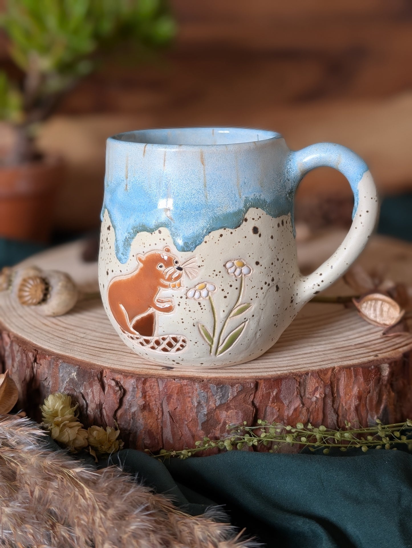 Beaver and Daisy Speckled Mug with Drippy Glaze 2