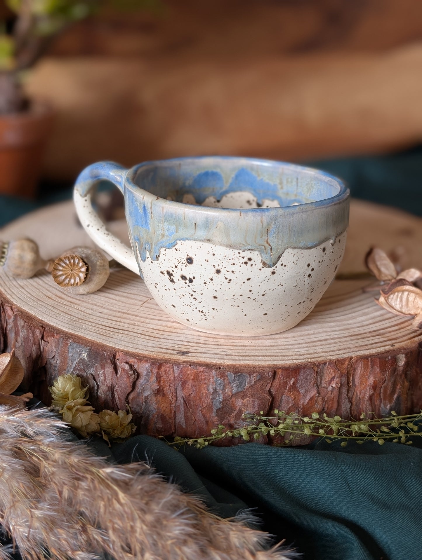 Nuthatch Speckled Wonky Cup with Drippy Glaze