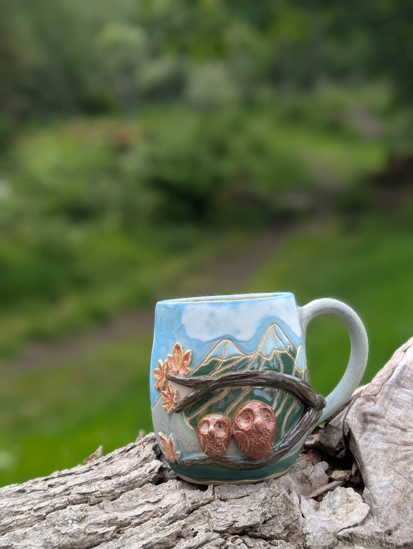 Owls on a Branch in the Mountains Mug
