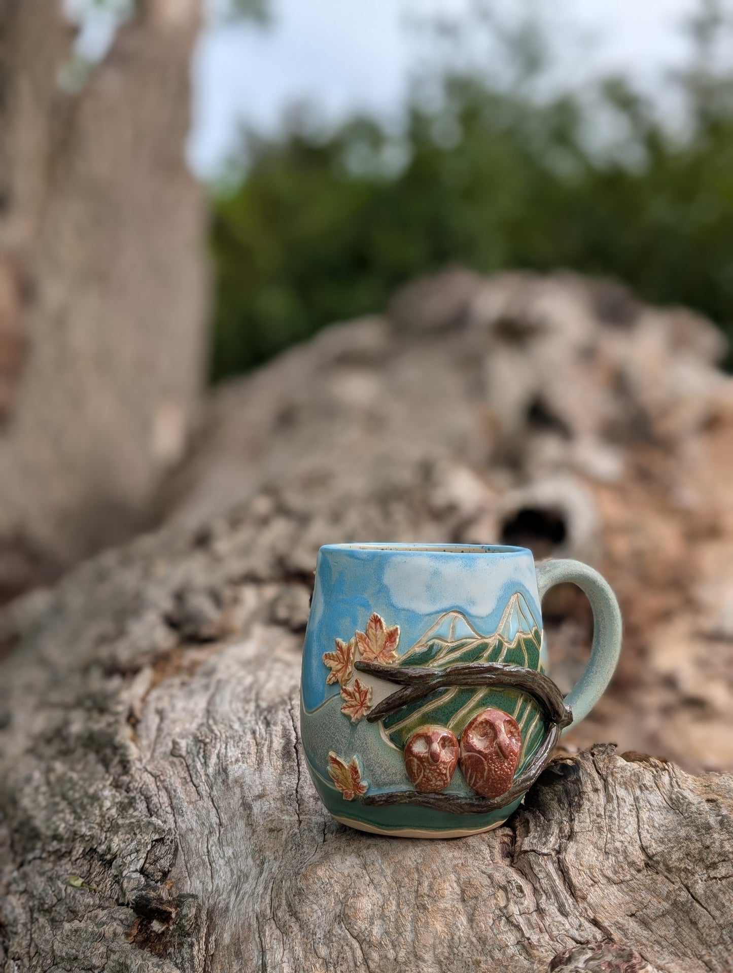 Owls on a Branch in the Mountains Mug