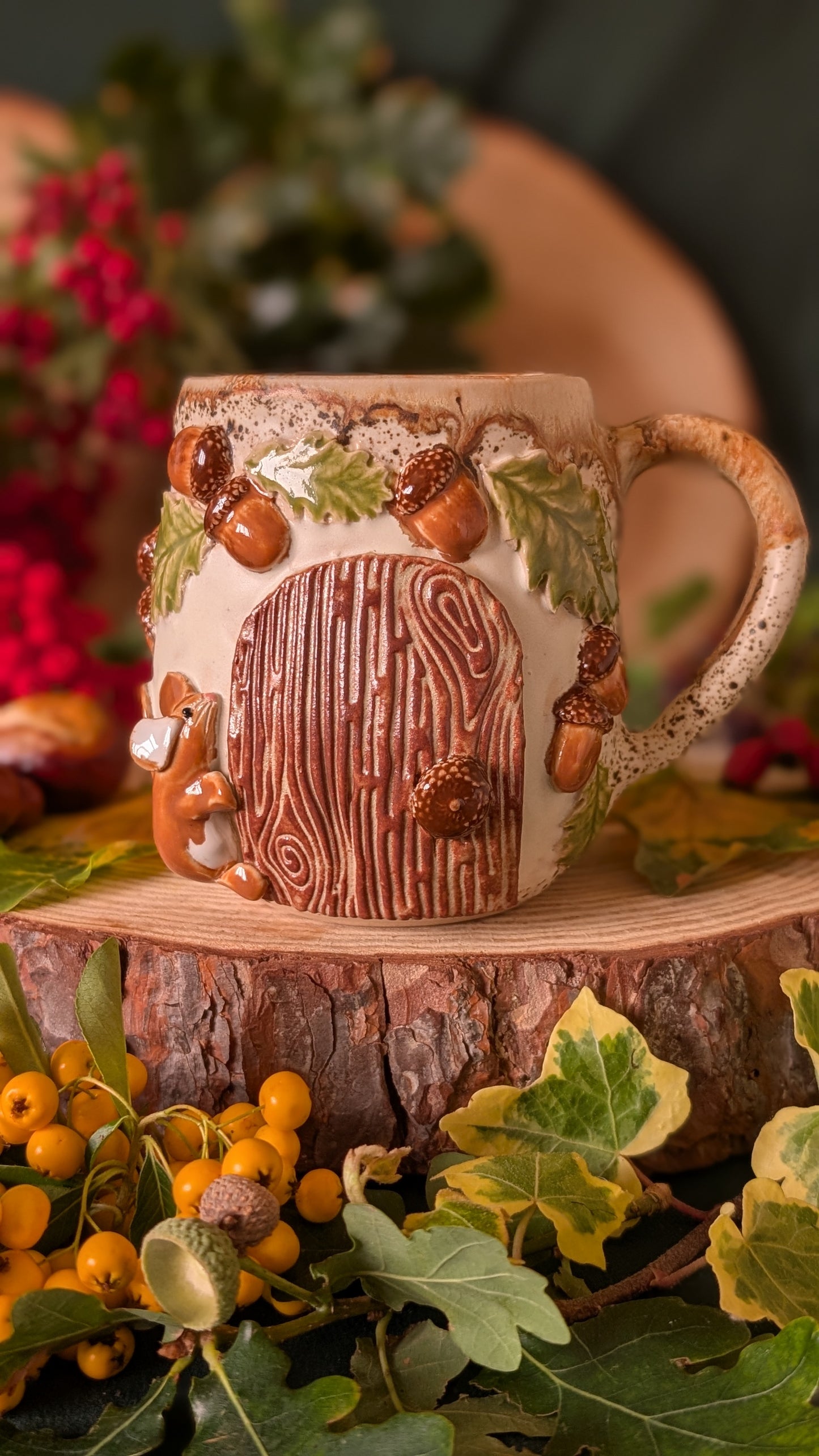 Mouse, Oak and Fairy Door – Handmade Unique Mug with Brown Drippy Glaze 13