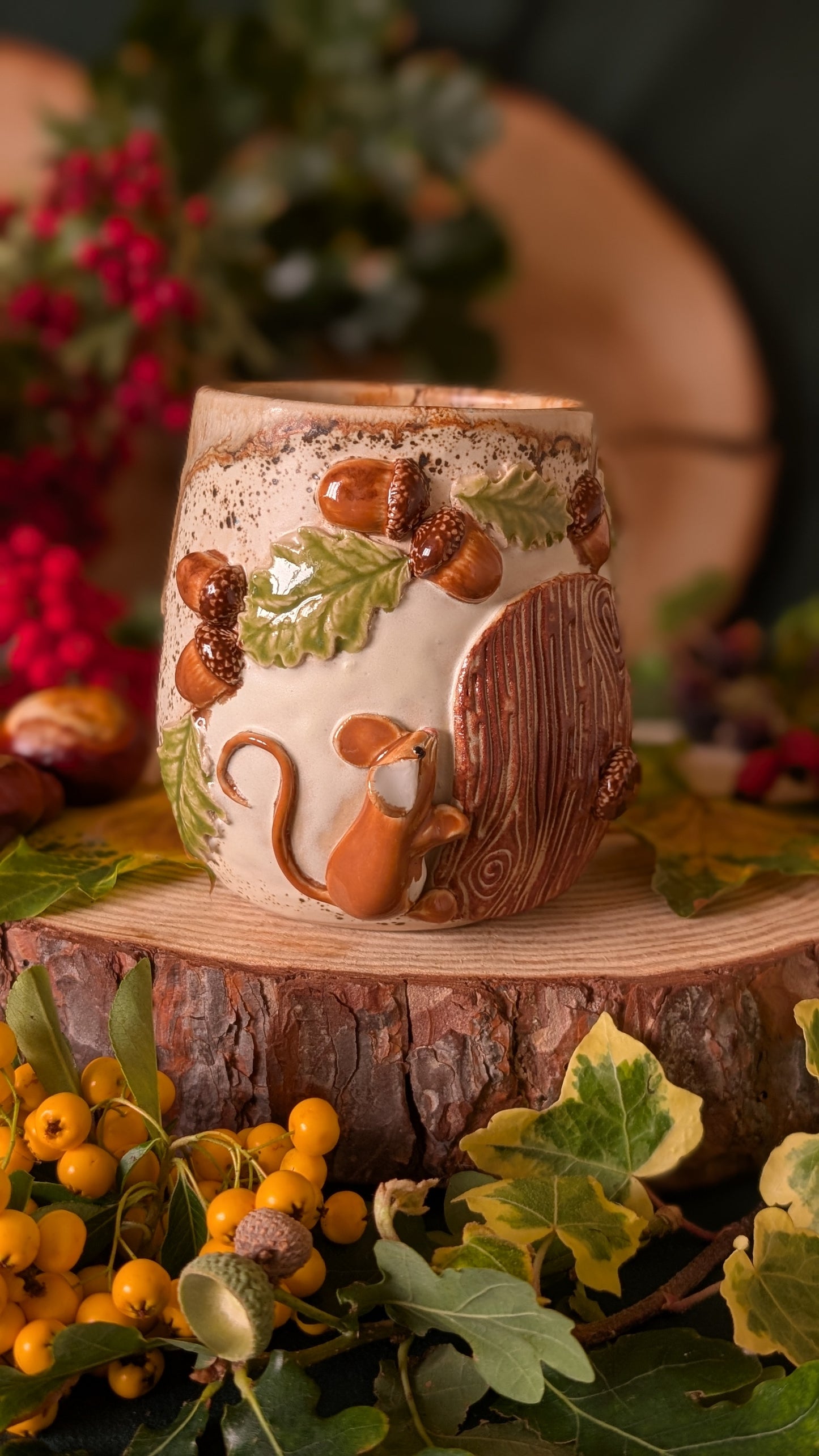 Mouse, Oak and Fairy Door – Handmade Unique Mug with Brown Drippy Glaze 13