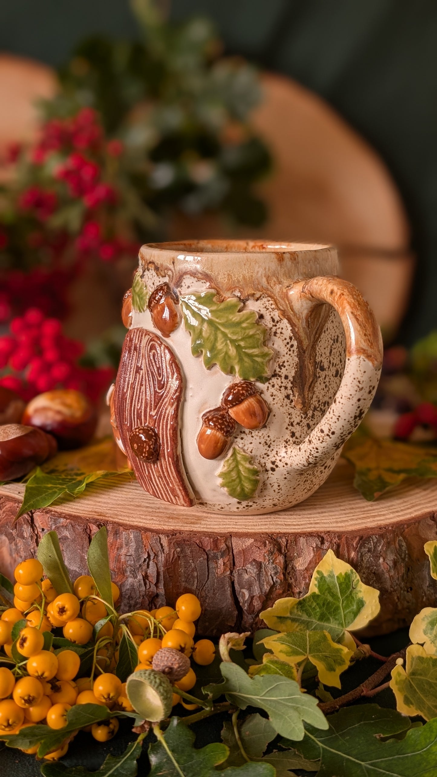Mouse, Oak and Fairy Door – Handmade Unique Mug with Brown Drippy Glaze 13