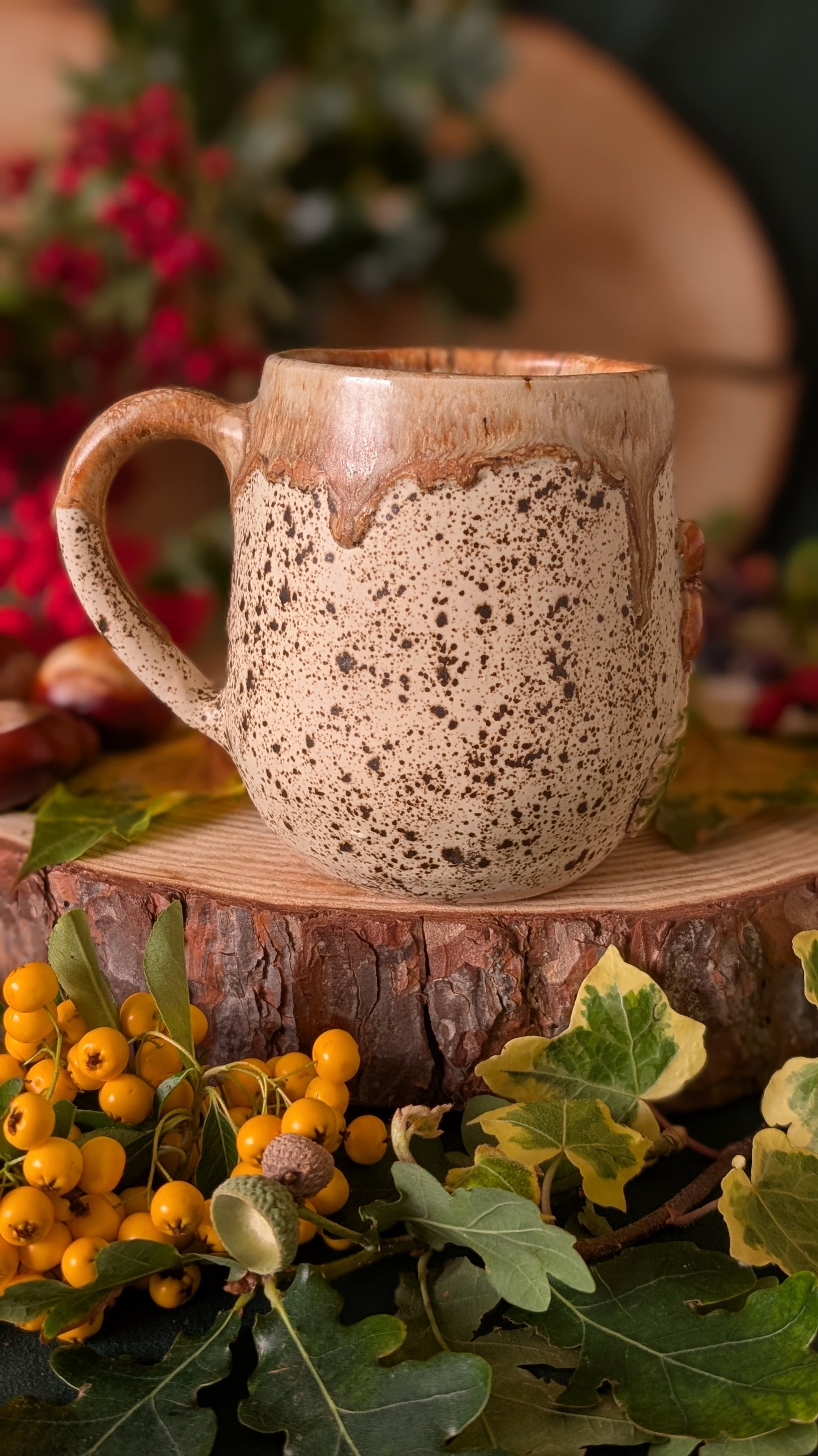 Mouse, Oak and Fairy Door – Handmade Unique Mug with Brown Drippy Glaze 13