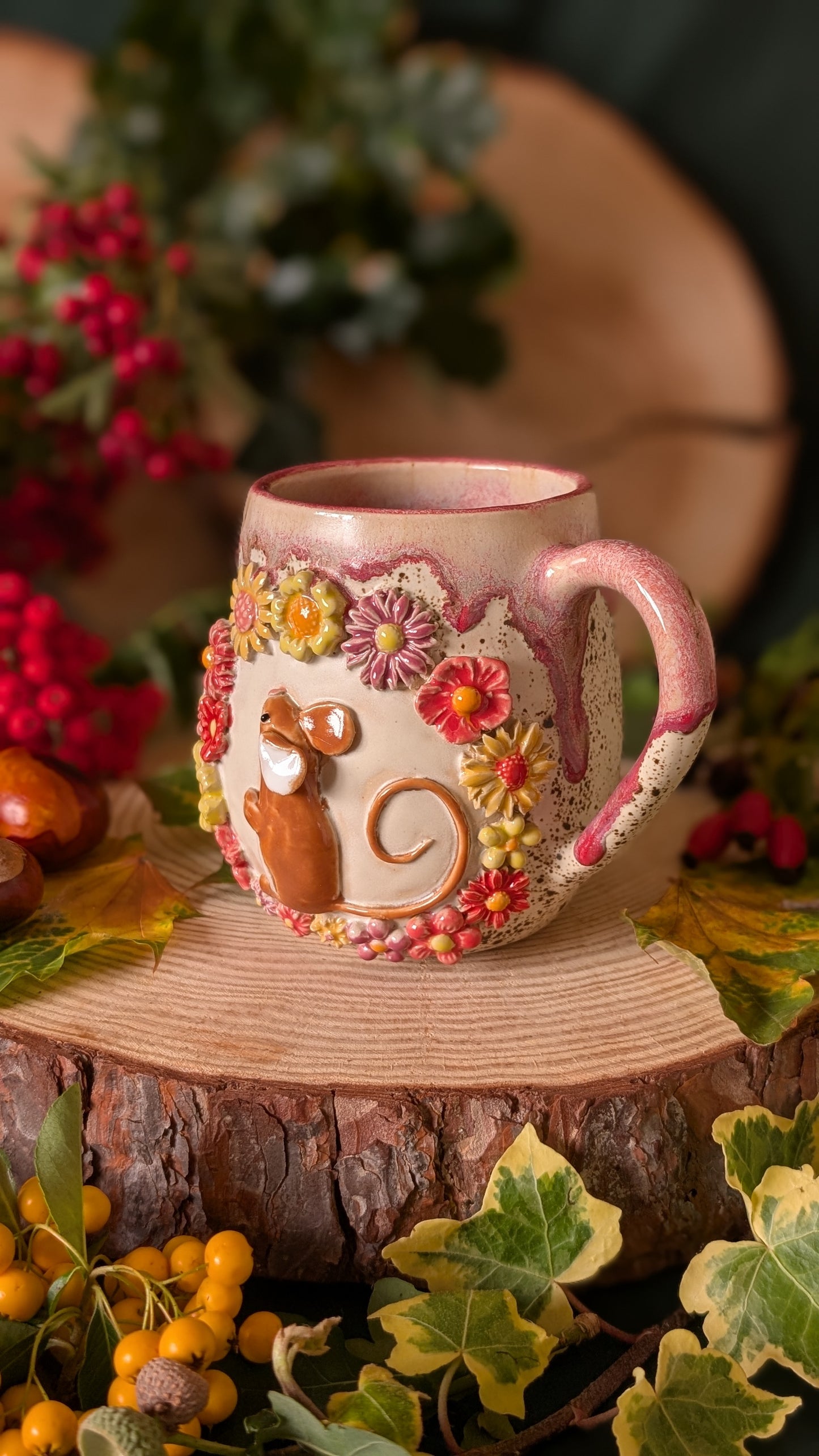 Mouse and Flowers Mug – Handmade Unique Mug with Pink Drippy Glaze 16
