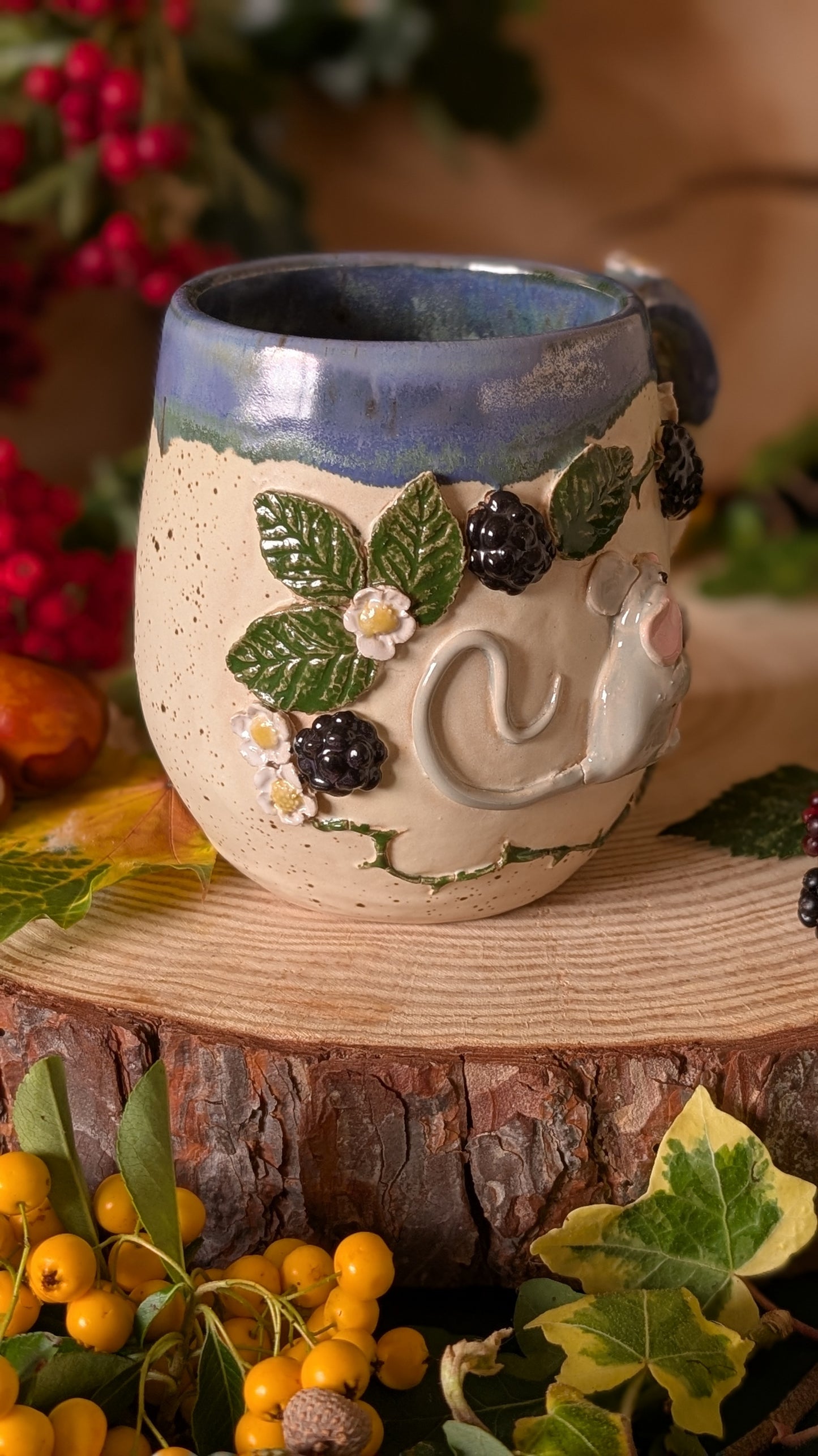 Mouse and Blackberry Mug – Handmade Unique Mug with Dark Blue Drippy Glaze 2