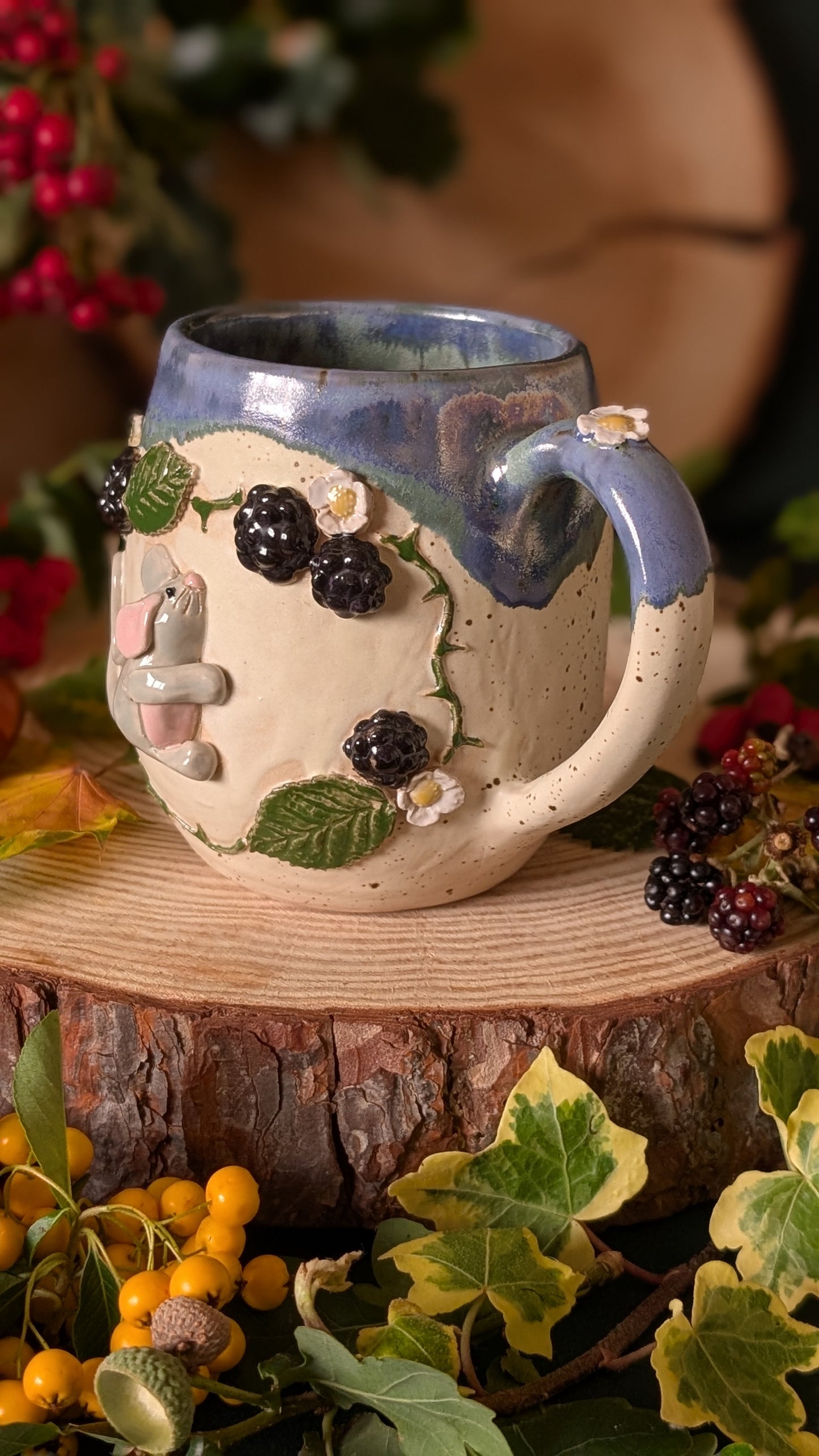 Mouse and Blackberry Mug – Handmade Unique Mug with Dark Blue Drippy Glaze 2