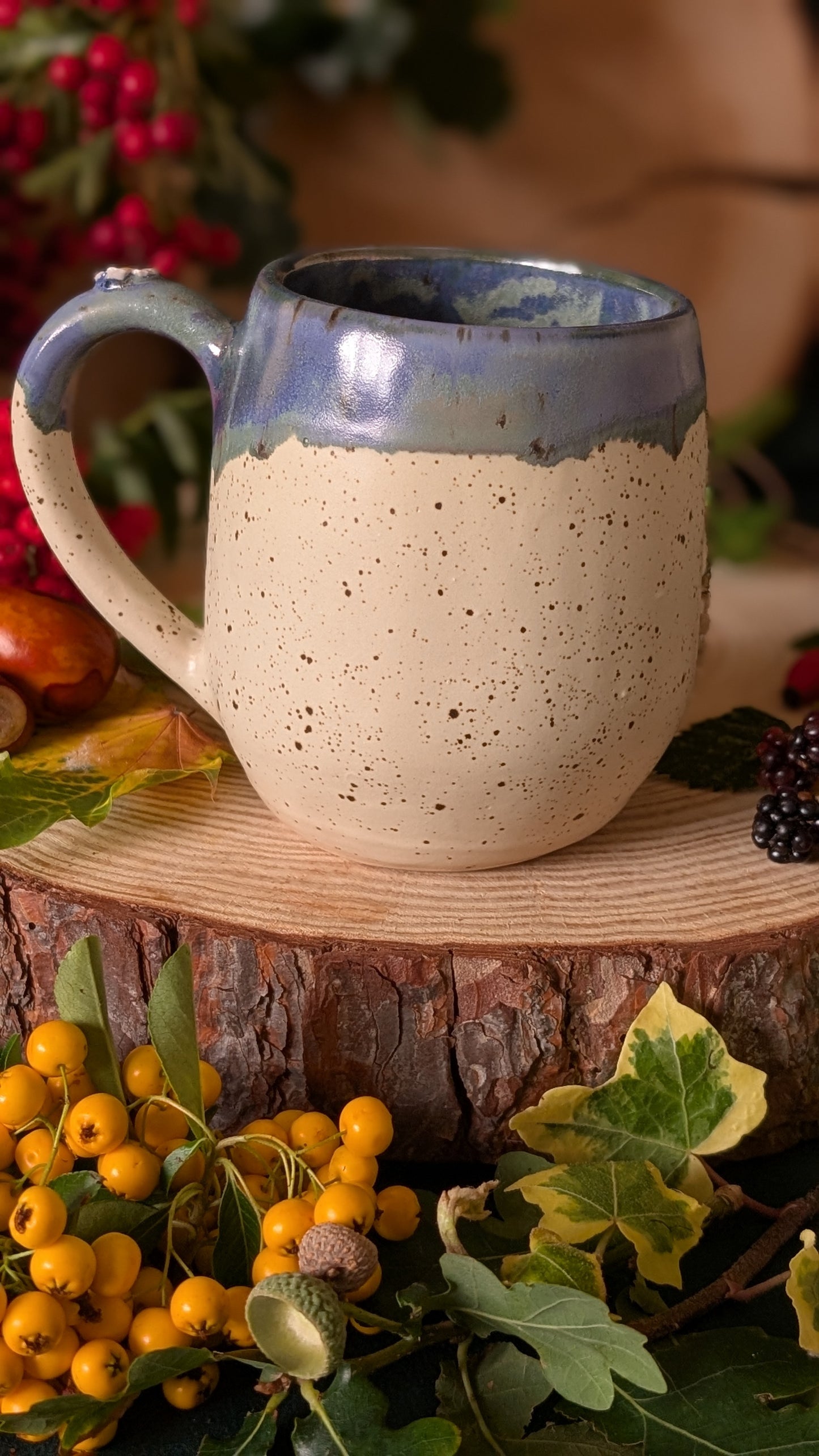 Mouse and Blackberry Mug – Handmade Unique Mug with Dark Blue Drippy Glaze 2