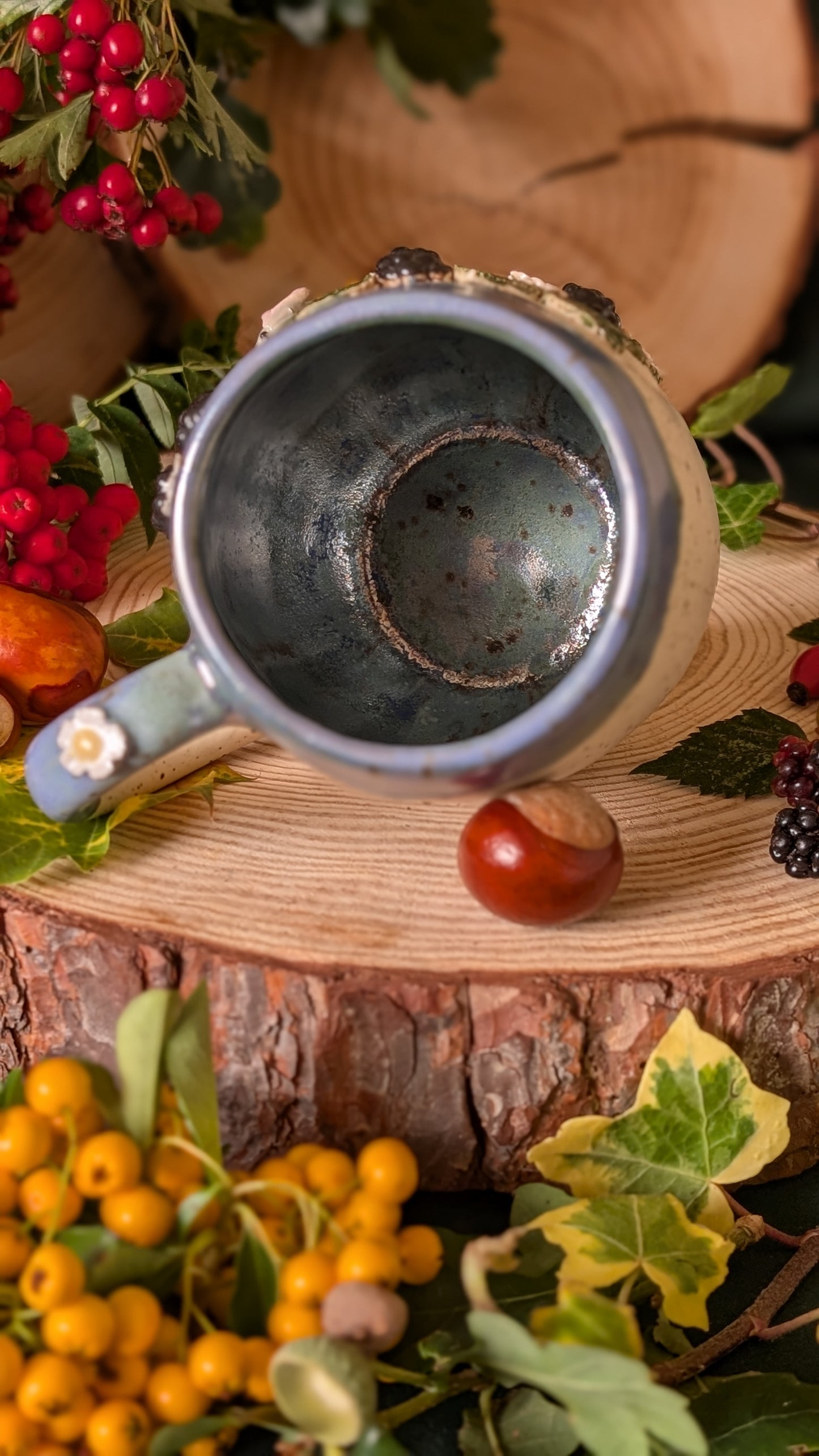 Mouse and Blackberry Mug – Handmade Unique Mug with Dark Blue Drippy Glaze 2