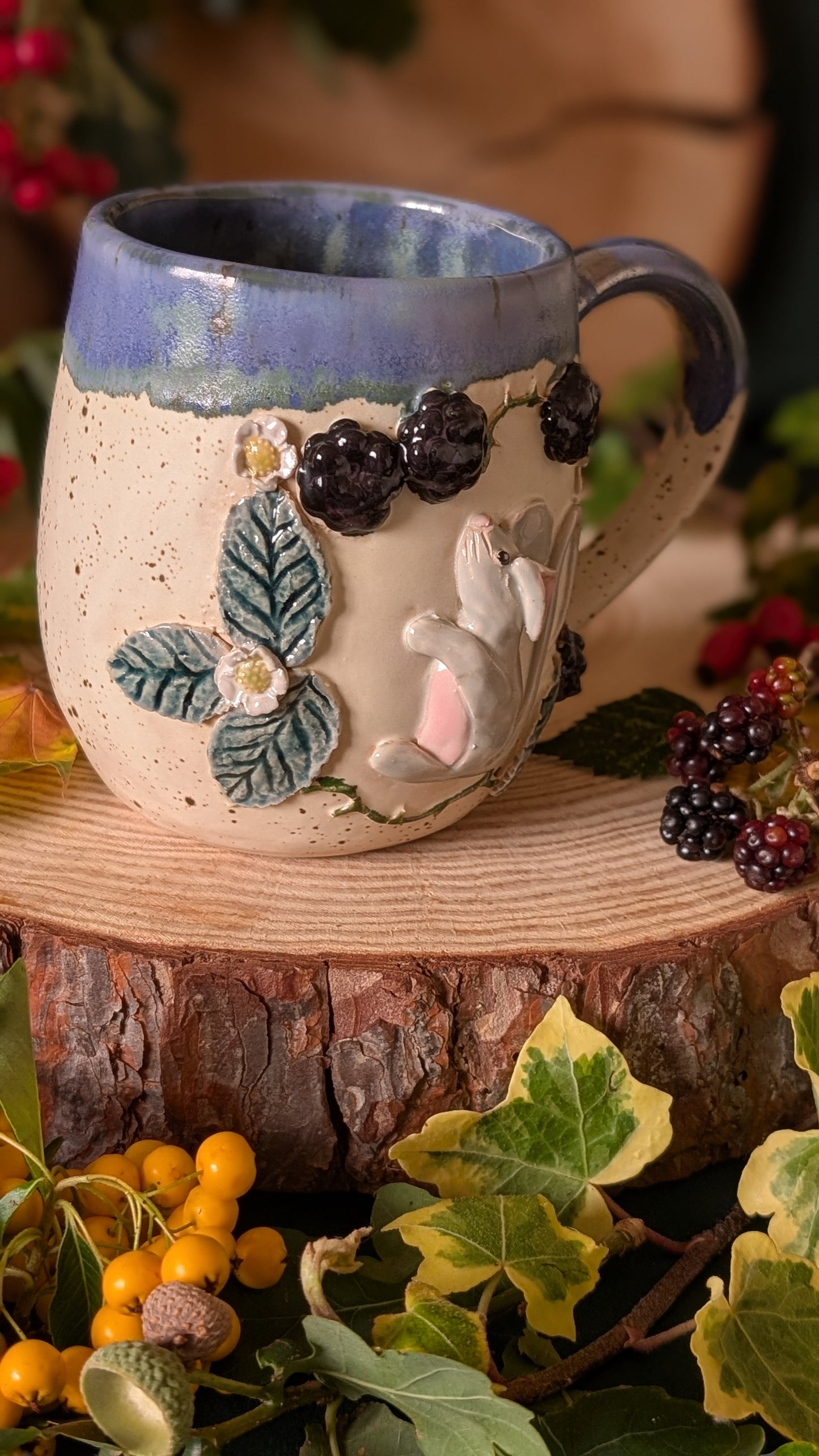 Mouse and Blackberry Mug – Handmade Unique Mug with Dark Blue Drippy Glaze 3