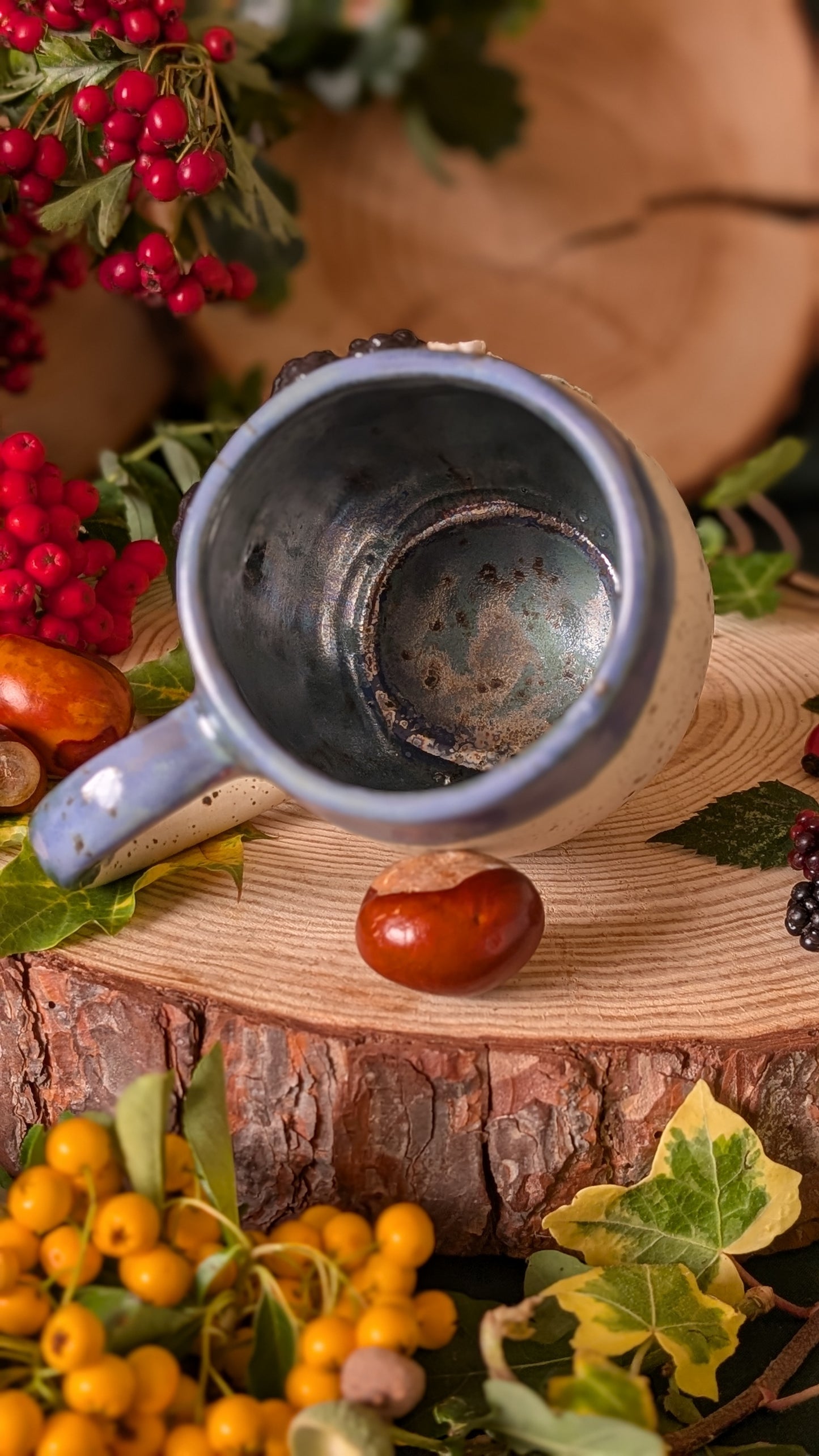 Mouse and Blackberry Mug – Handmade Unique Mug with Dark Blue Drippy Glaze 3