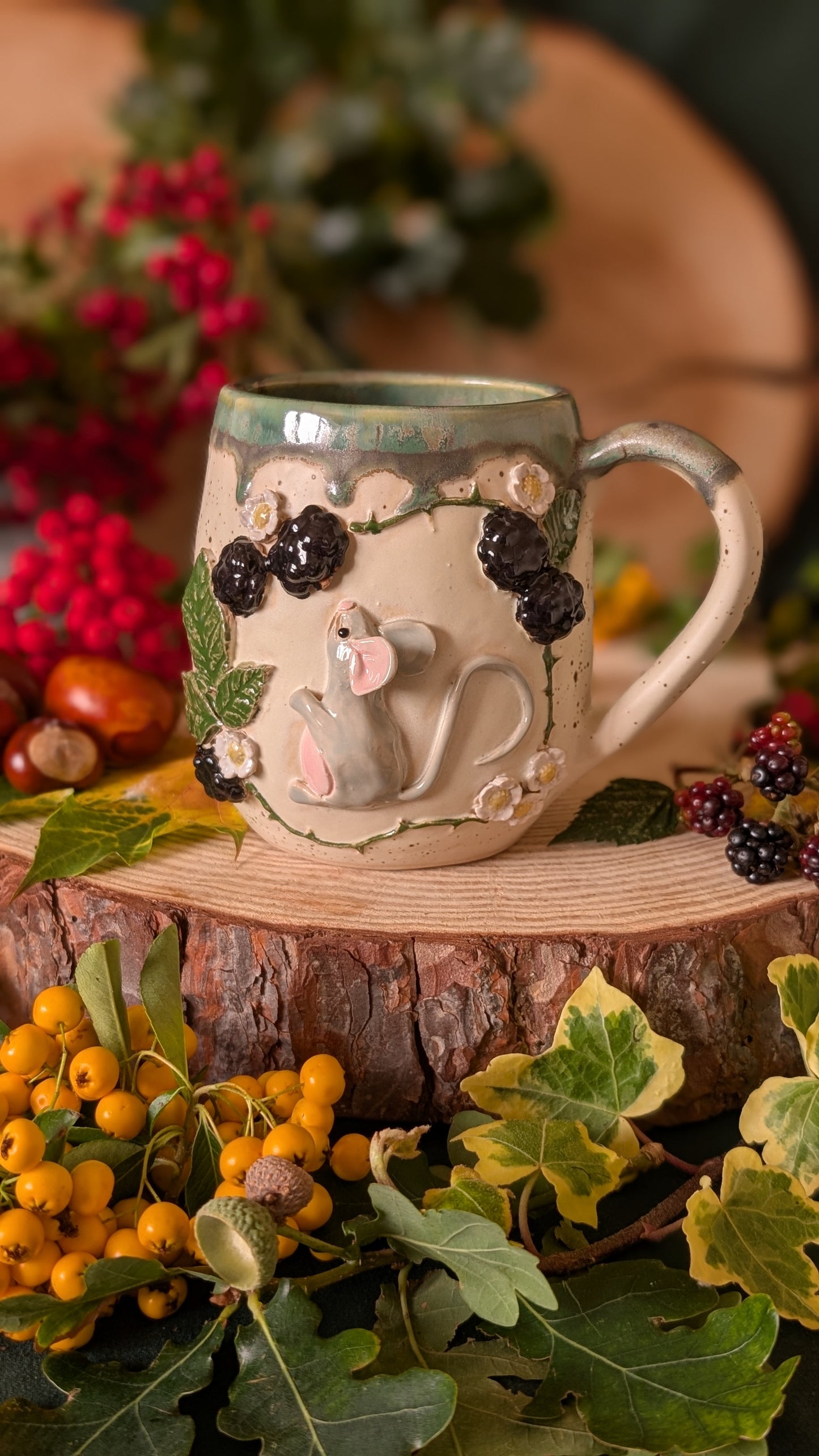 Mouse and Blackberry Mug – Handmade Unique Mug with Green Drippy Glaze 6