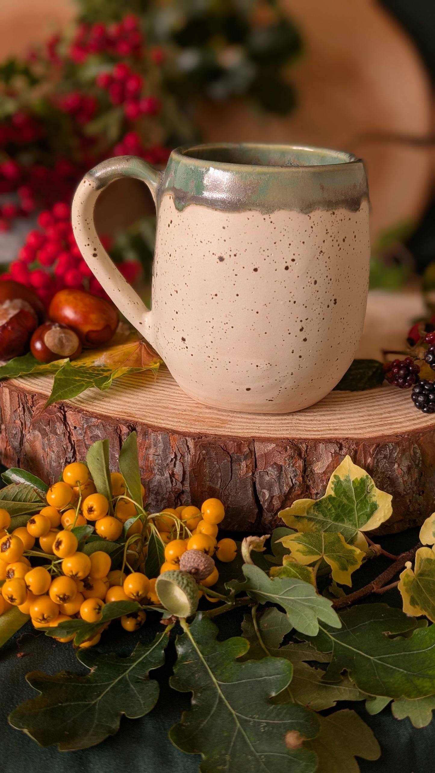Mouse and Blackberry Mug – Handmade Unique Mug with Green Drippy Glaze 6