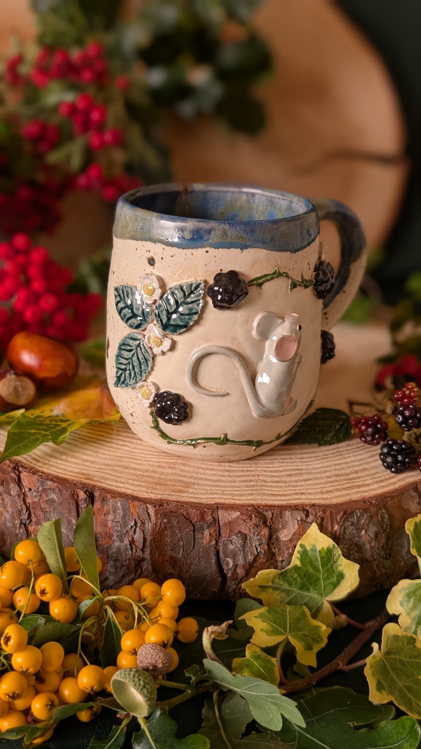 Mouse and Blackberry Mug – Handmade Unique Mug with Dark Blue Drippy Glaze 5