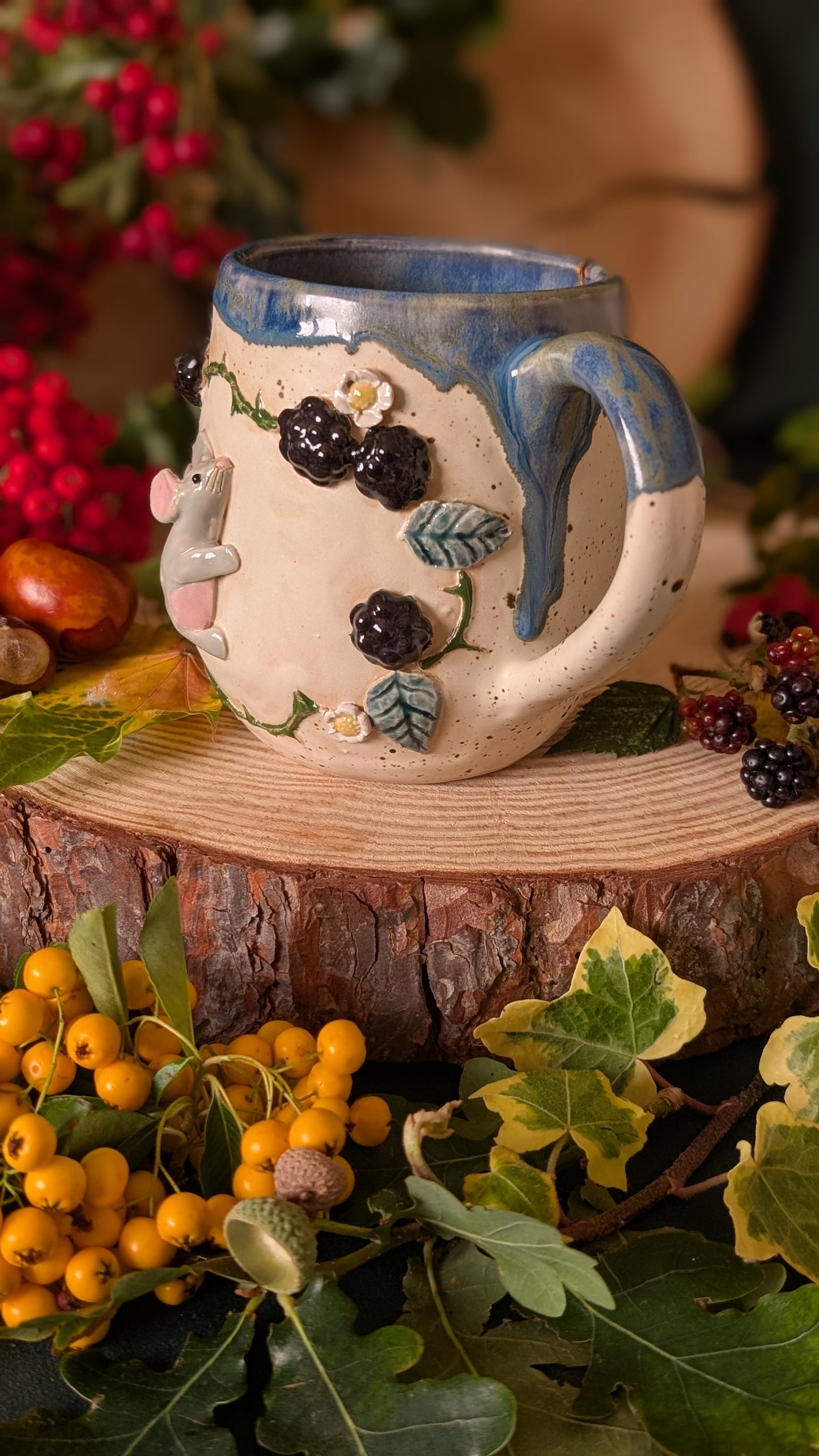 Mouse and Blackberry Mug – Handmade Unique Mug with Dark Blue Drippy Glaze 5