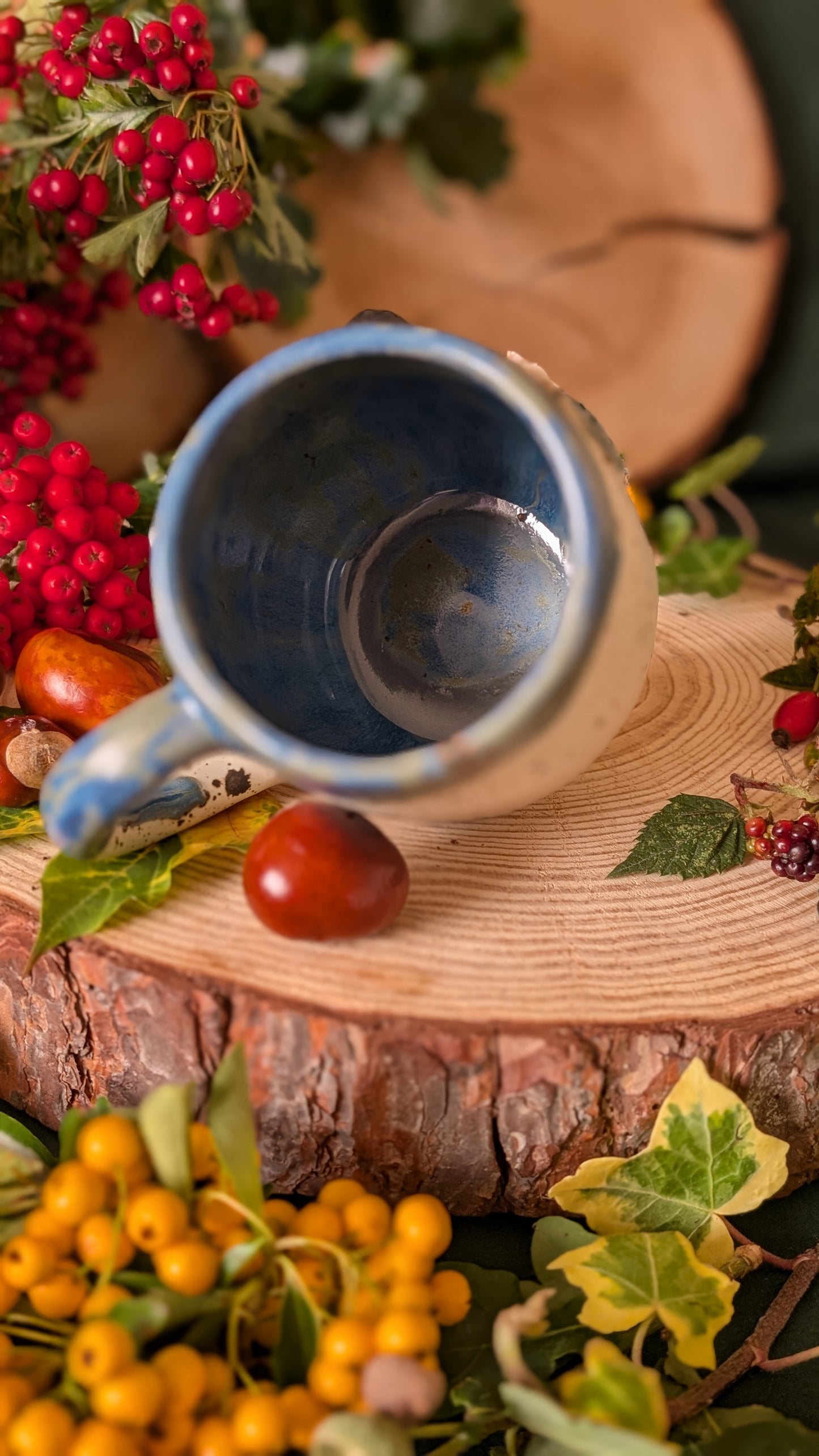 Mouse and Blackberry Mug – Handmade Unique Mug with Dark Blue Drippy Glaze 5