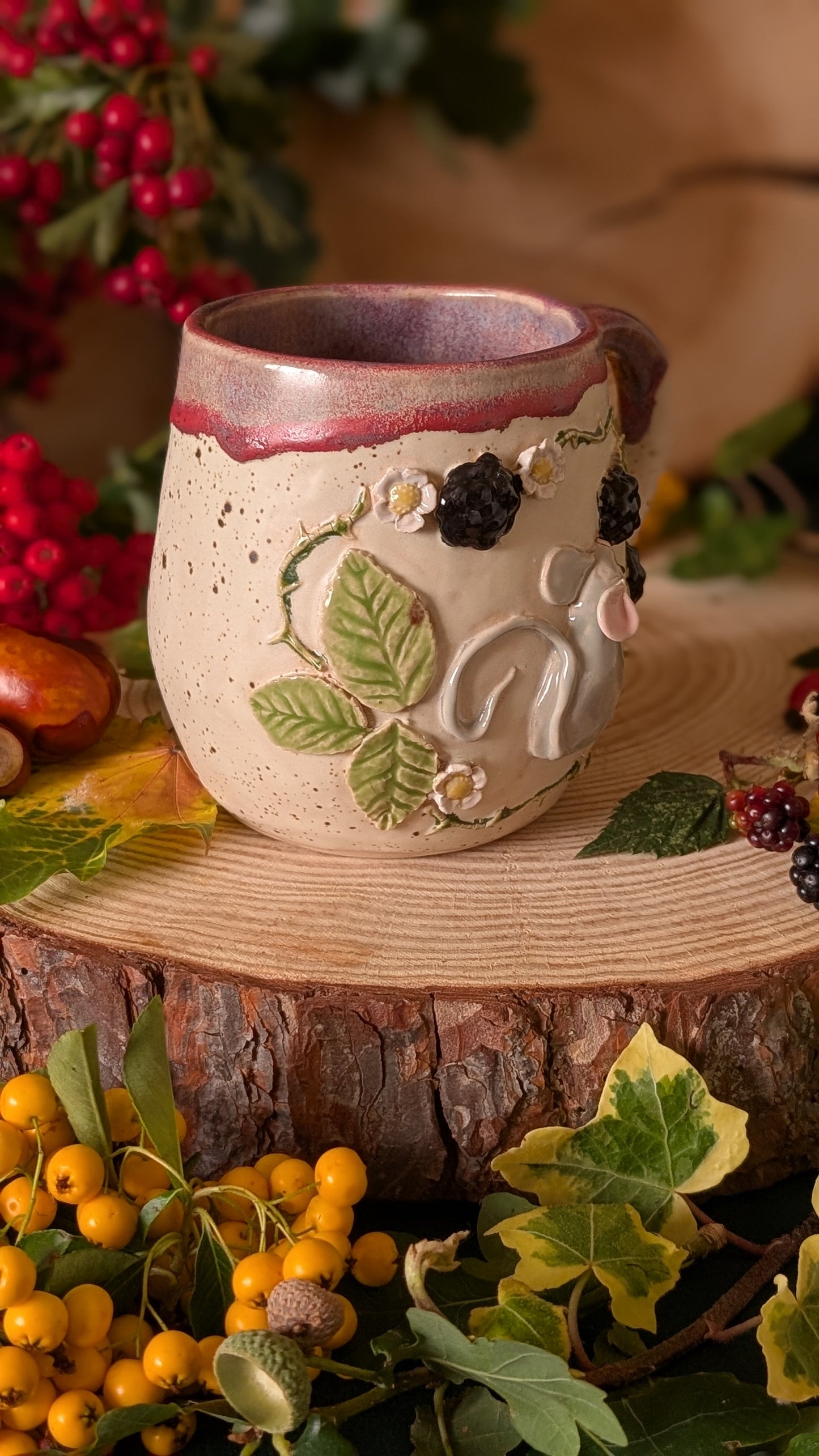Mouse and Blackberry Mug – Handmade Unique Mug with Purple Glaze 7