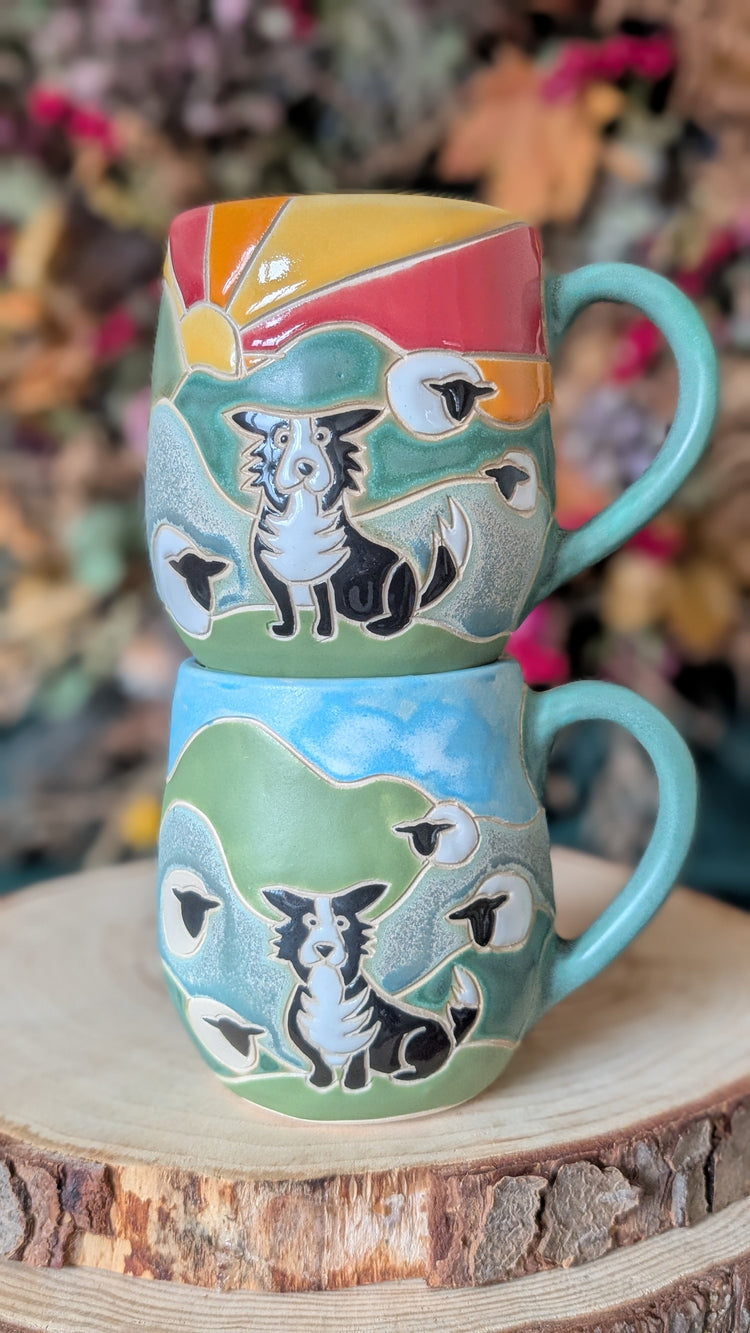 Handcrafted Border Collie ceramic mug, 500ml capacity, artisan pottery made in the UK
