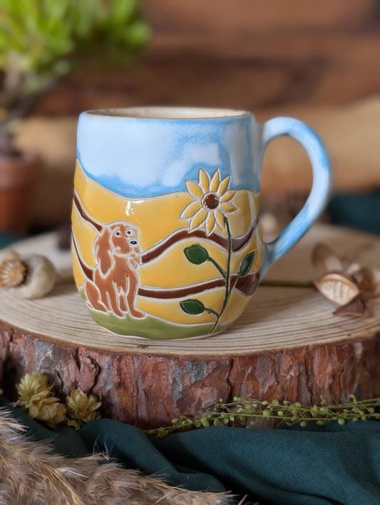 Ginger Spaniel and Sunflower Field Mug
