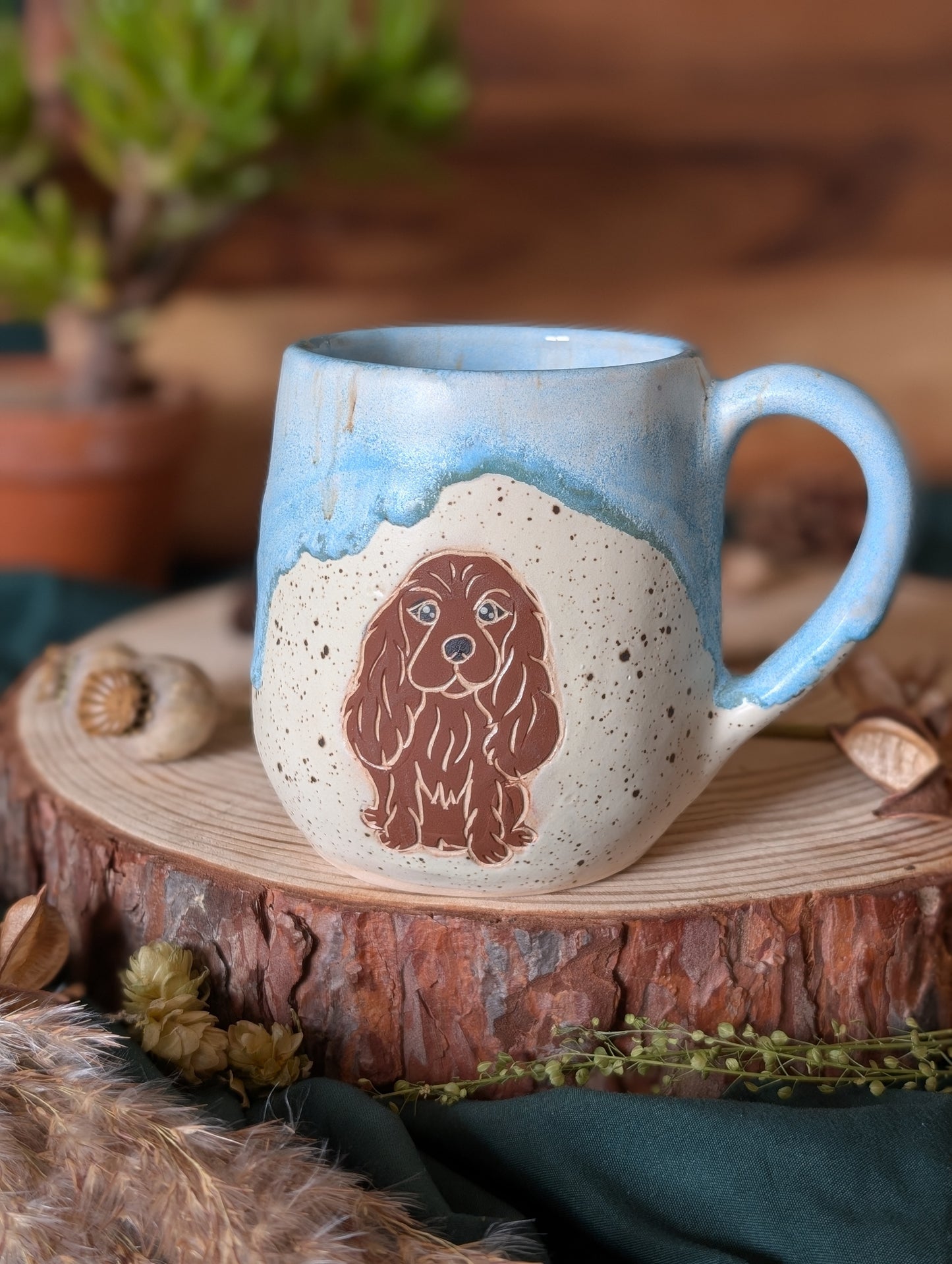 Spaniel Speckled Mug with Drippy Glaze