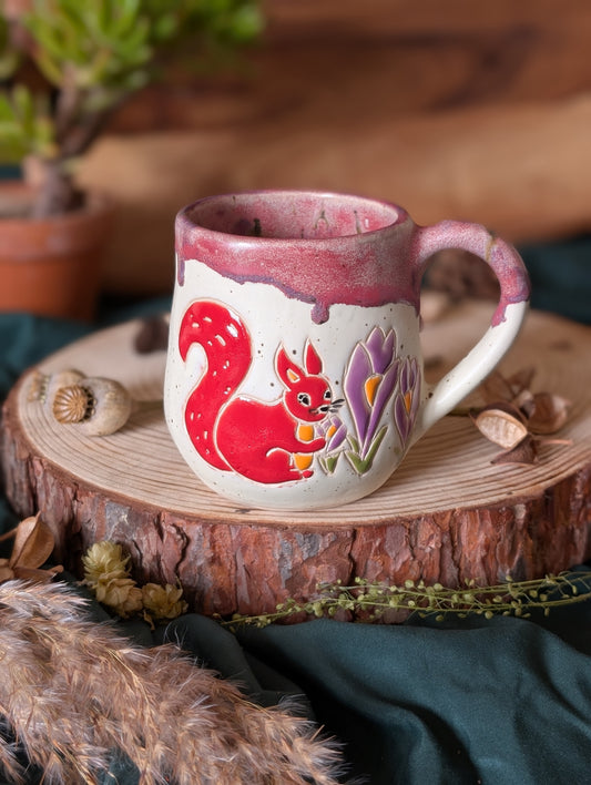 Squirrel and Crocus Speckled Mug with Drippy Glaze