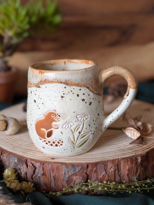 Beaver and Daisy Speckled Mug with Drippy Glaze