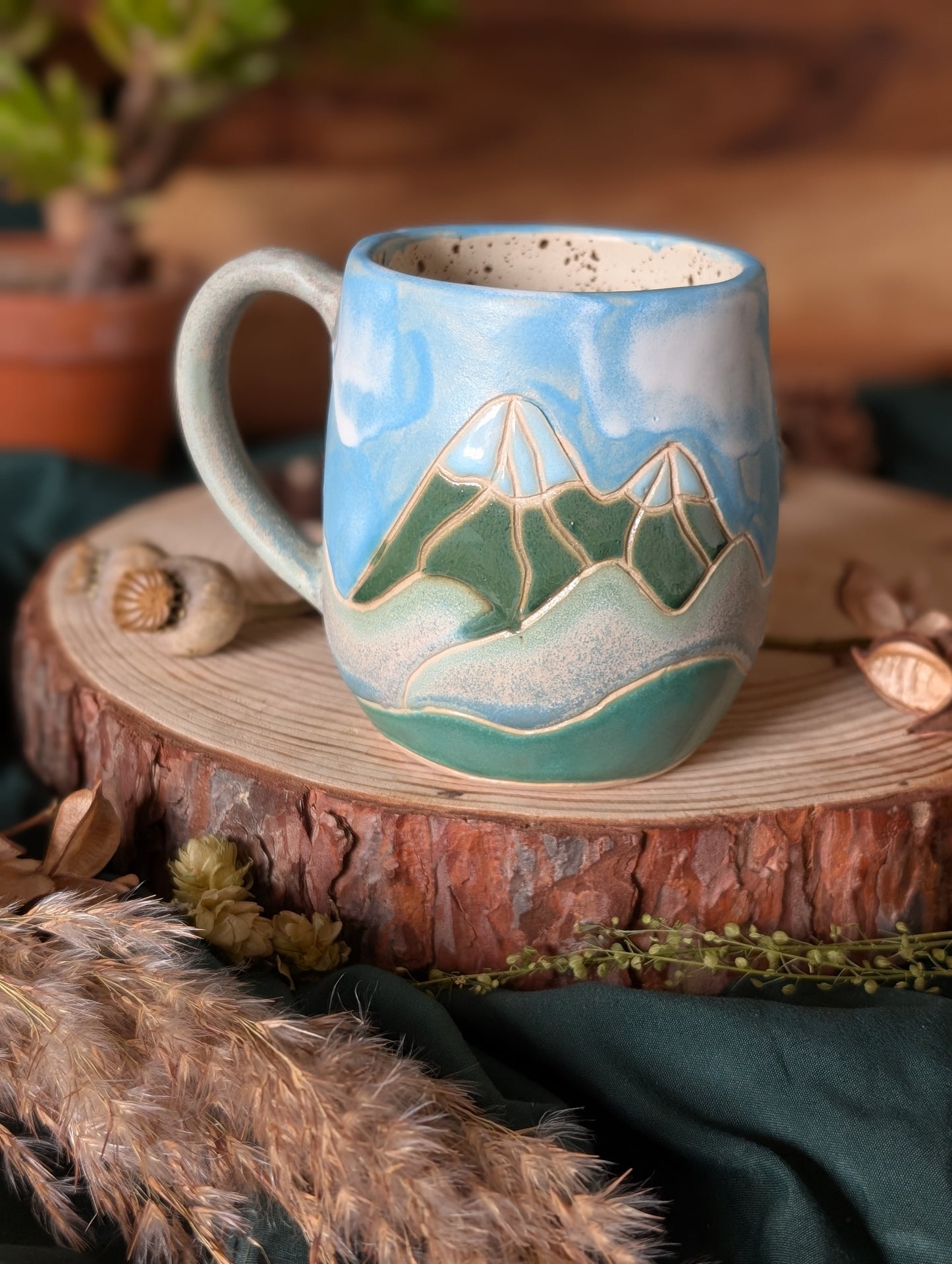 Owls on a Branch in the Mountains Mug