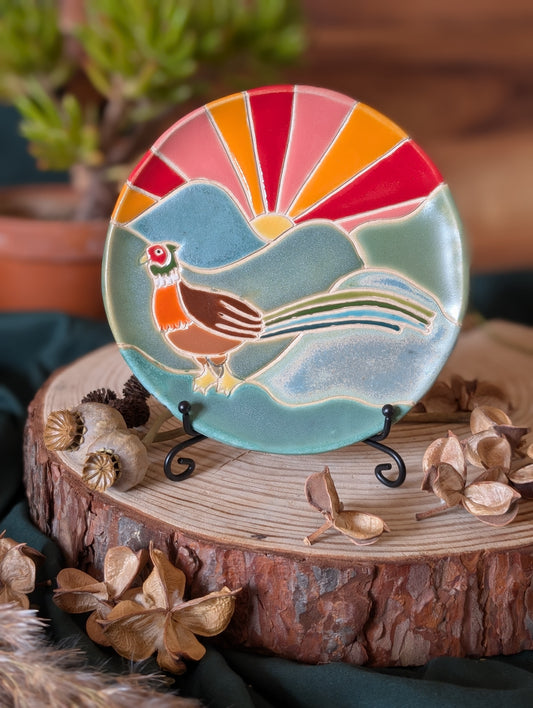 Pheasant and Sunset over Hills Trinket Dish Large