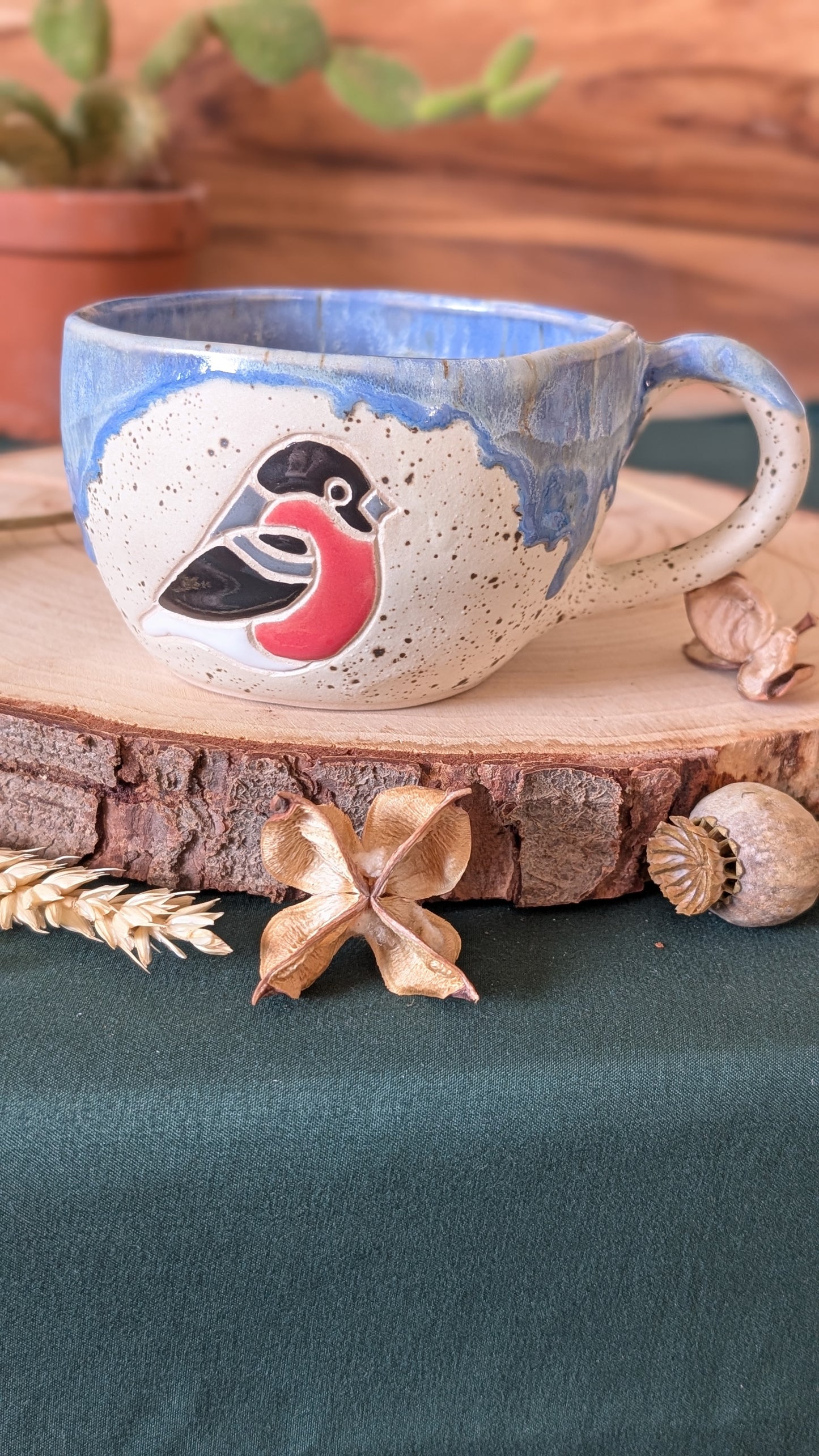 Bullfinch Speckled Wonky Cup with Drippy Glaze
