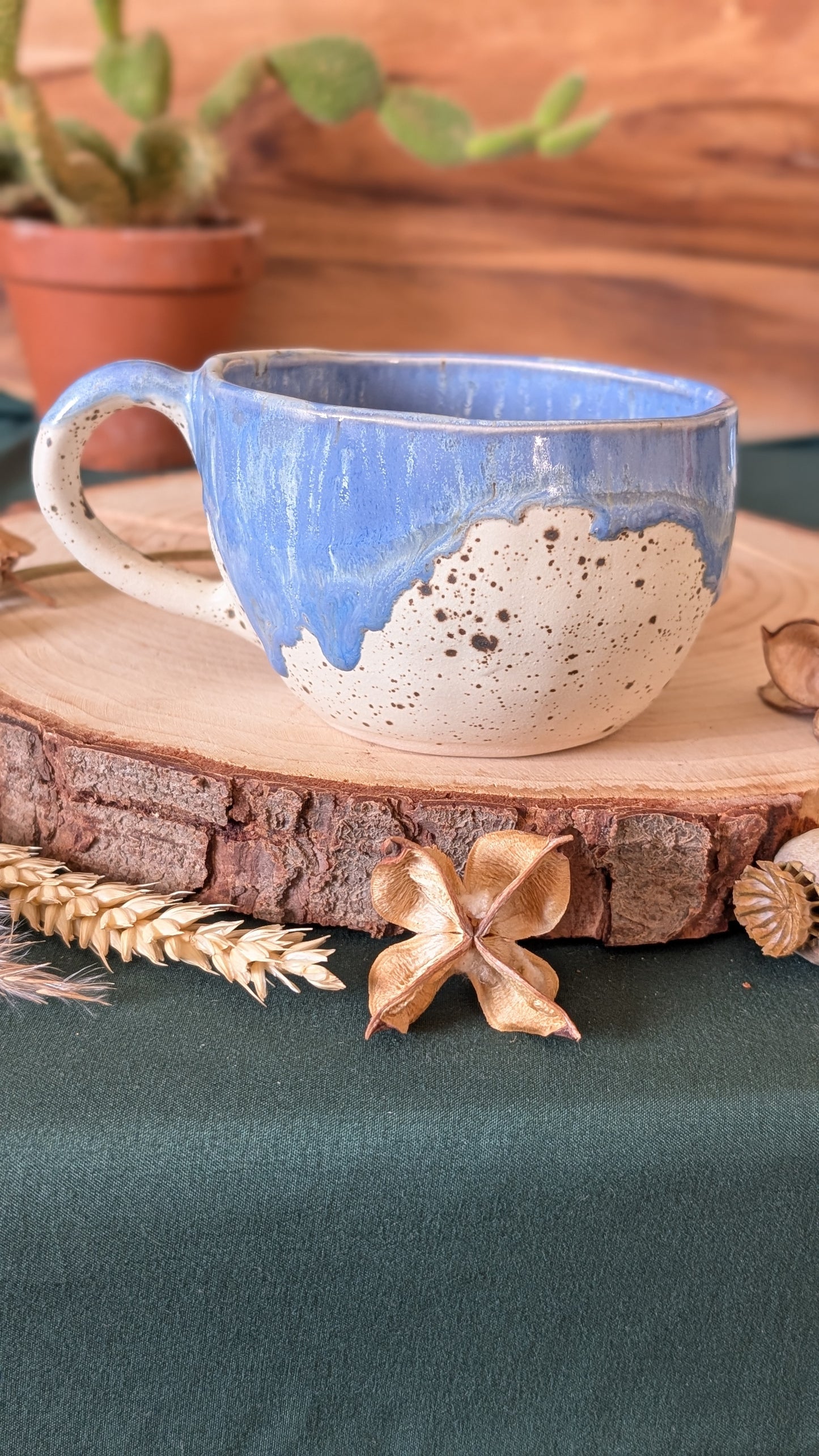 Bullfinch Speckled Wonky Cup with Drippy Glaze