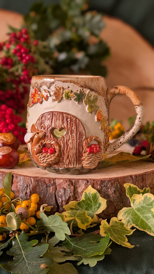 Mouse, Apple Basket and Fairy Door – Handmade Unique Mug with Autumn Leaves 15