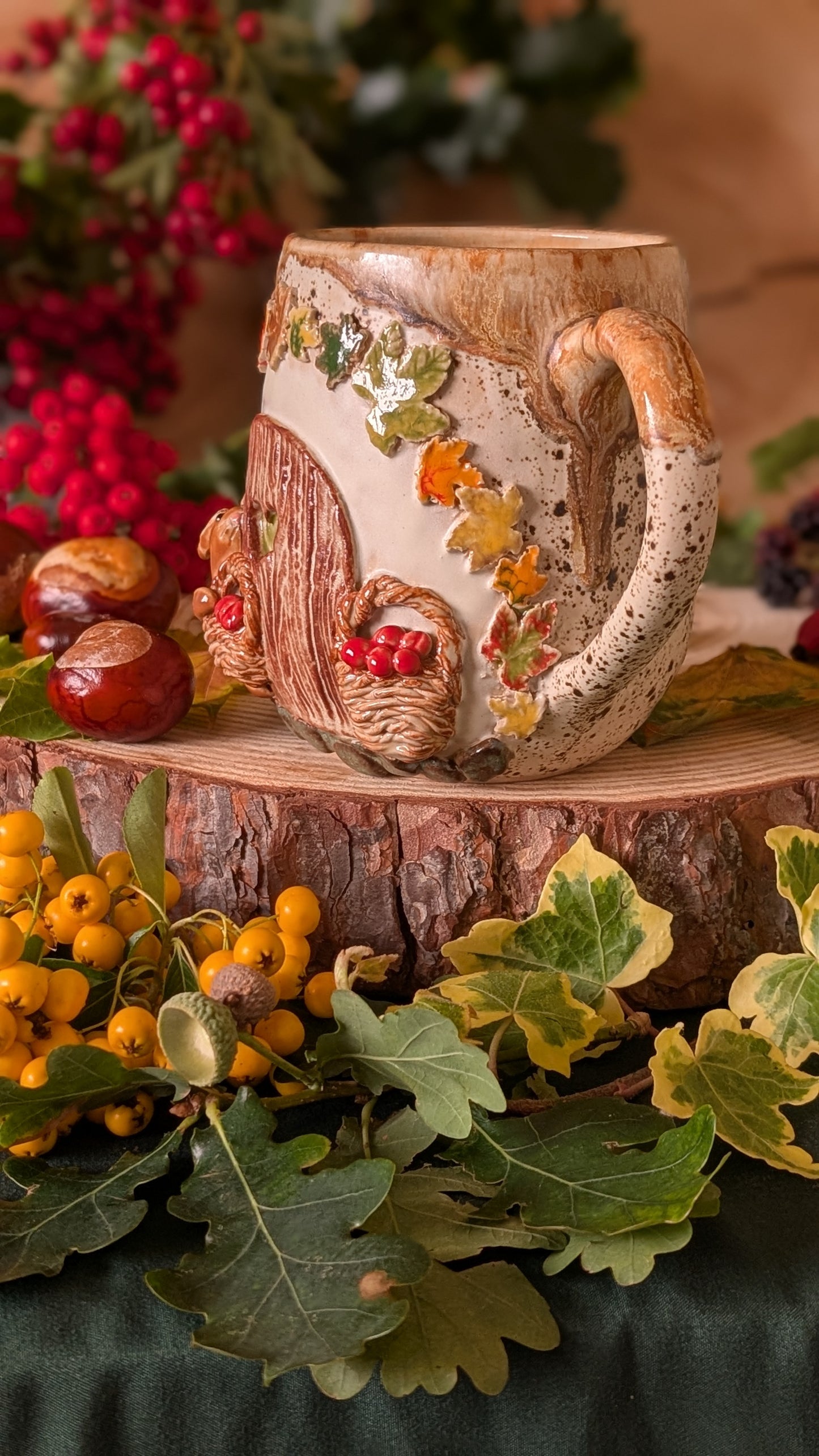 Mouse, Apple Basket and Fairy Door – Handmade Unique Mug with Autumn Leaves 15