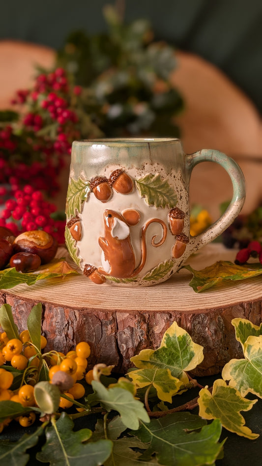 Mouse, Oak and Acorns Mug – Handmade Unique Mug with Drippy Green Glaze 12