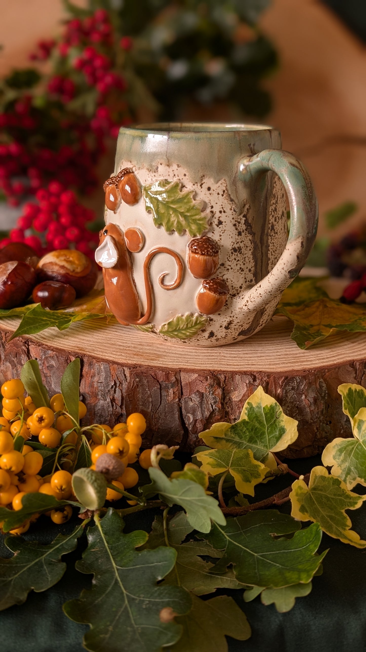 Mouse, Oak and Acorns Mug – Handmade Unique Mug with Drippy Green Glaze 12