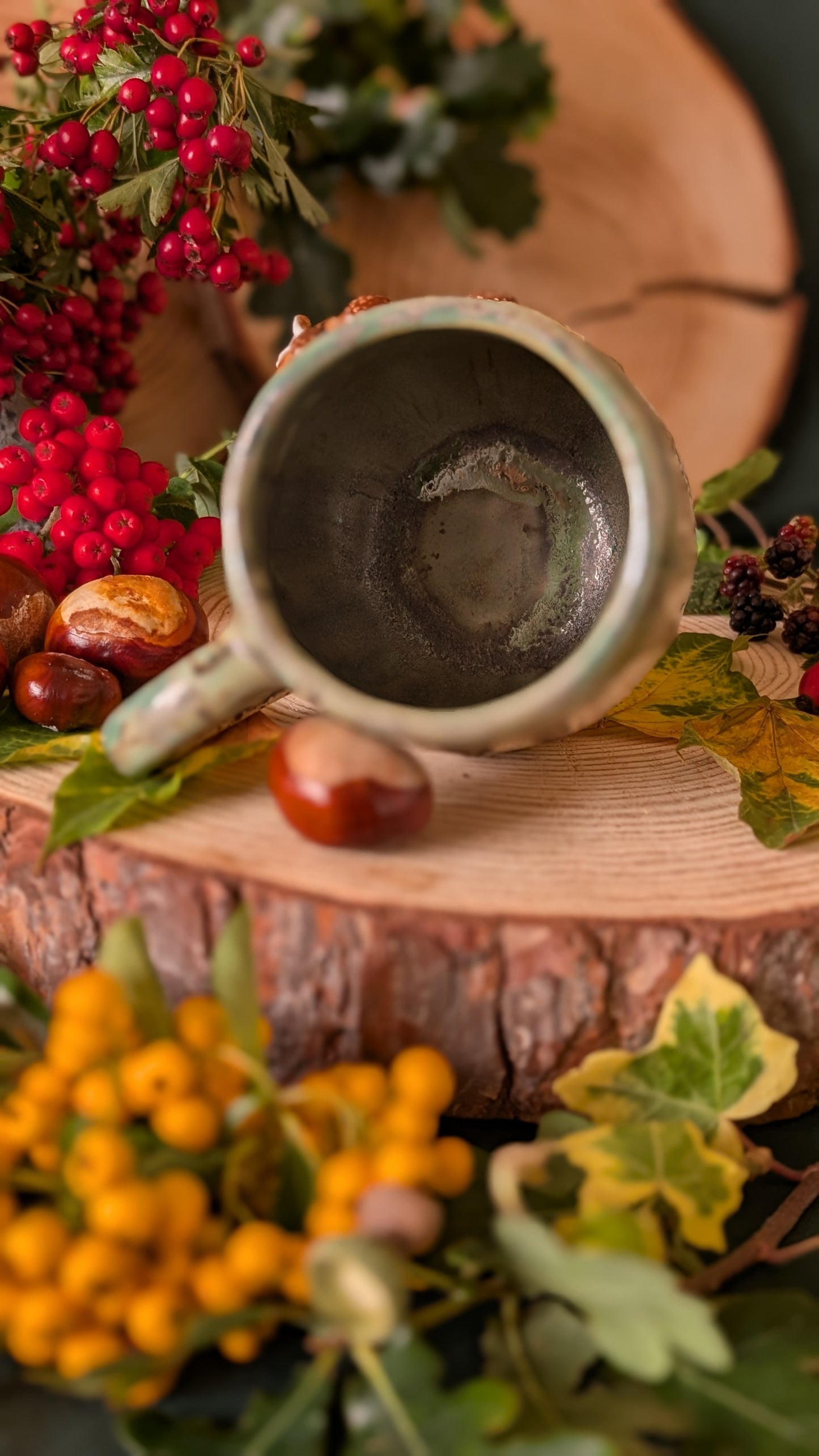 Mouse, Oak and Acorns Mug – Handmade Unique Mug with Drippy Green Glaze 12