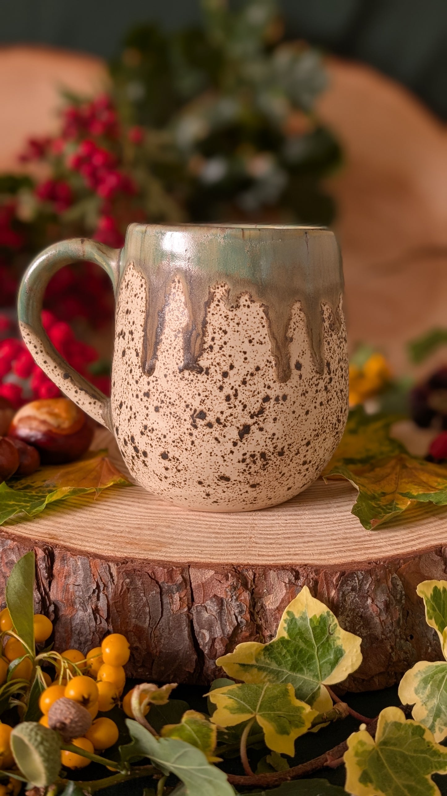 Mouse, Oak and Acorns Mug – Handmade Unique Mug with Drippy Green Glaze 12