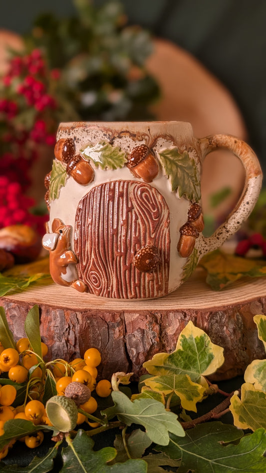 Mouse, Oak and Fairy Door – Handmade Unique Mug with Brown Drippy Glaze 13