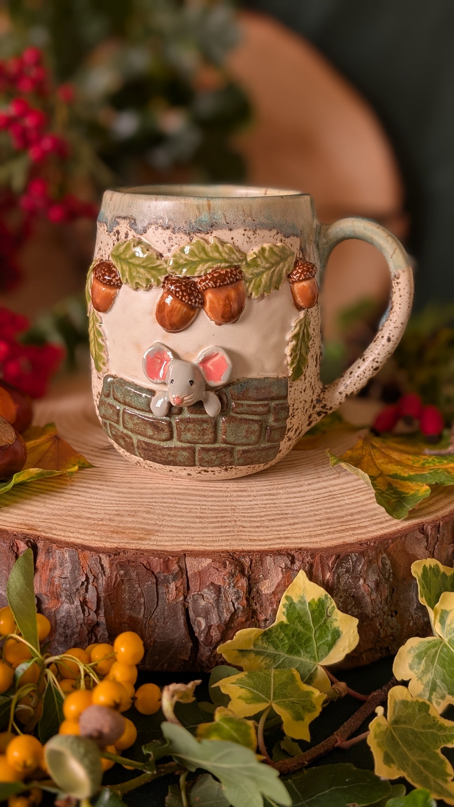 Mouse, Oak and Stonewall – Handmade Unique Mug with Light Blue Drippy Glaze 14