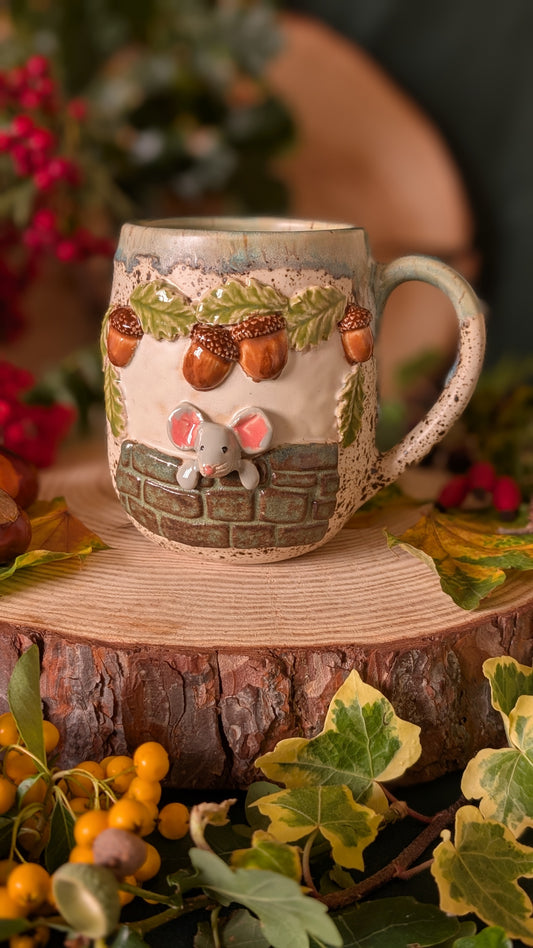 Mouse, Oak and Stonewall – Handmade Unique Mug with Light Blue Drippy Glaze 14