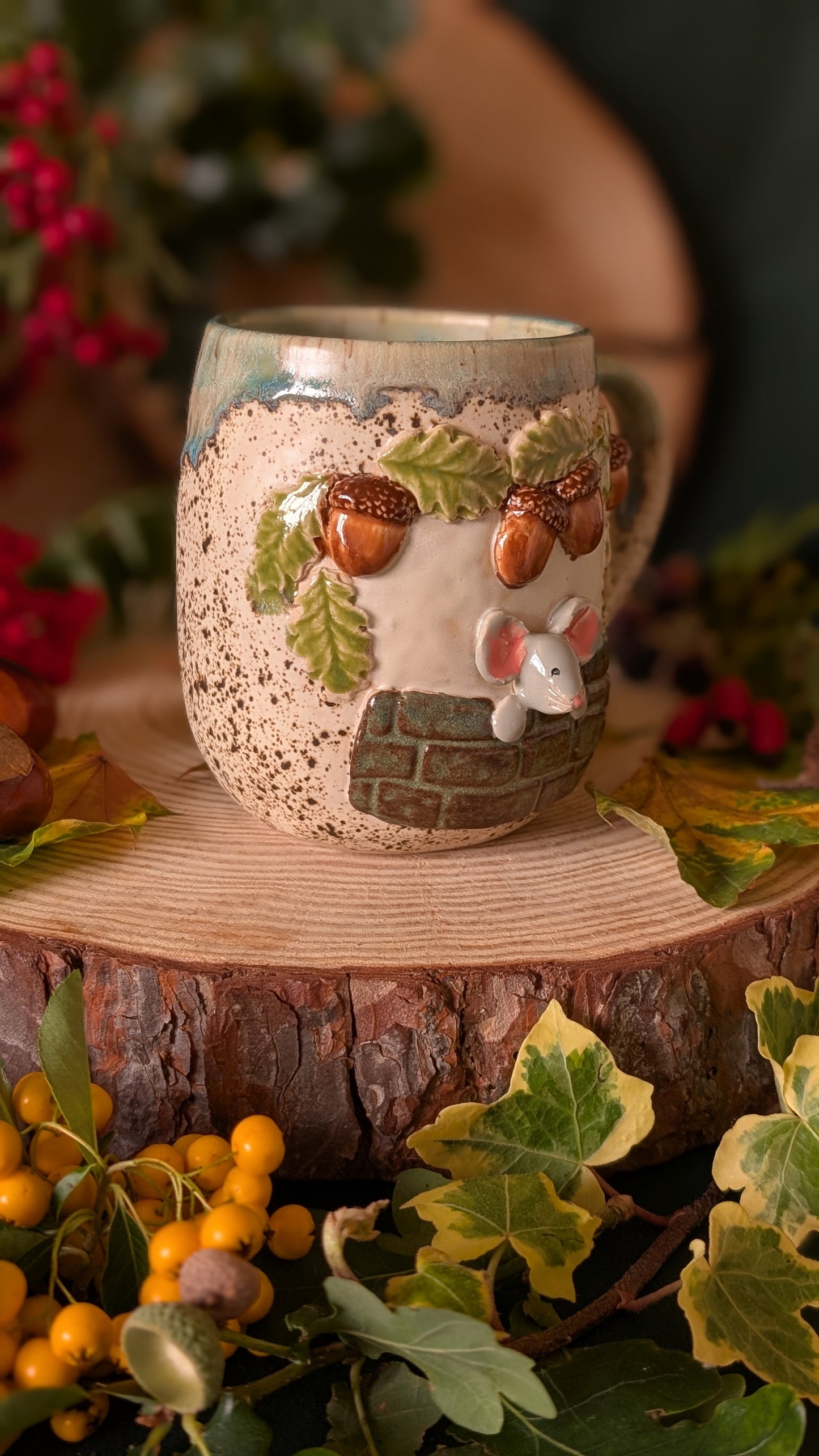 Mouse, Oak and Stonewall – Handmade Unique Mug with Light Blue Drippy Glaze 14