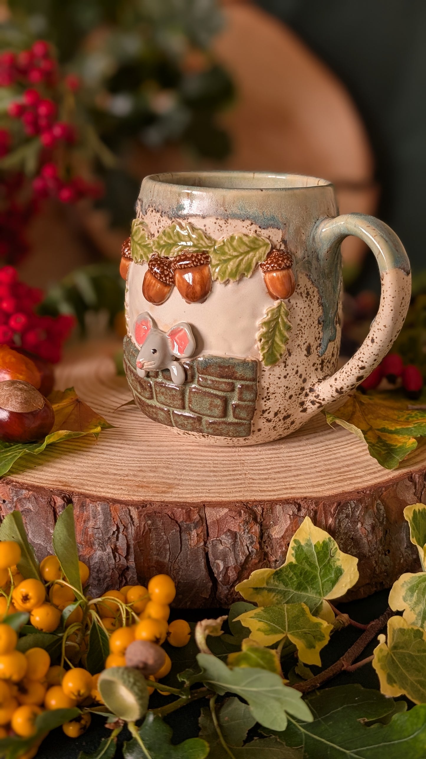 Mouse, Oak and Stonewall – Handmade Unique Mug with Light Blue Drippy Glaze 14