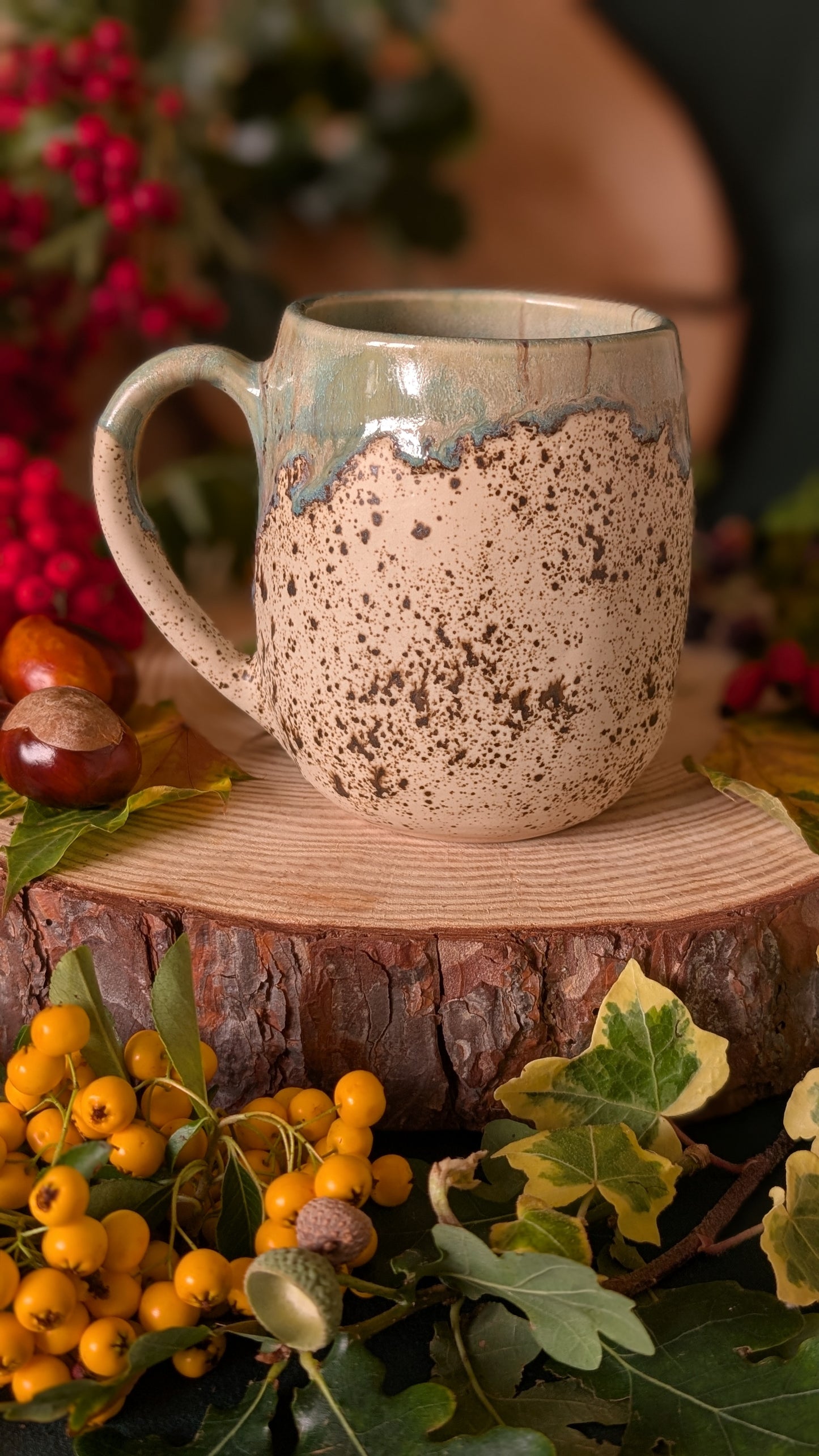 Mouse, Oak and Stonewall – Handmade Unique Mug with Light Blue Drippy Glaze 14