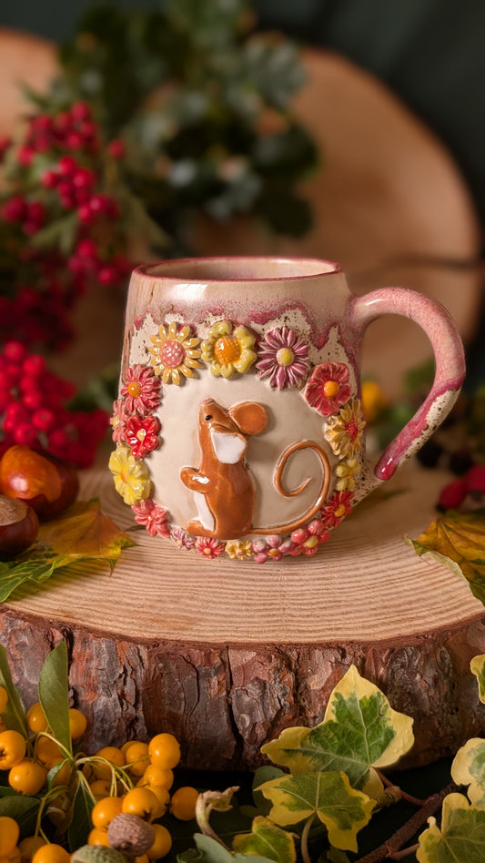 Mouse and Flowers Mug – Handmade Unique Mug with Pink Drippy Glaze 16