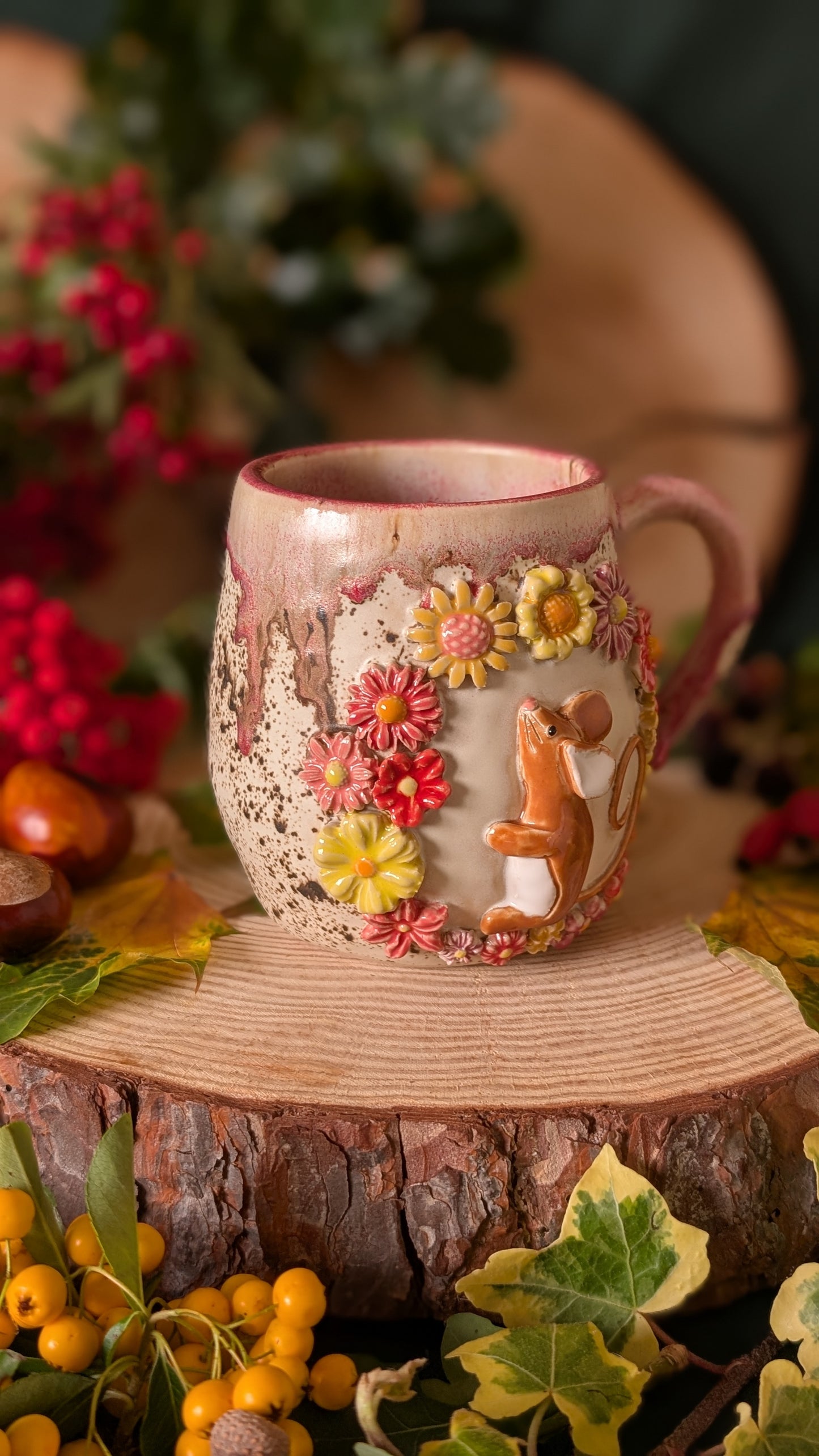 Mouse and Flowers Mug – Handmade Unique Mug with Pink Drippy Glaze 16