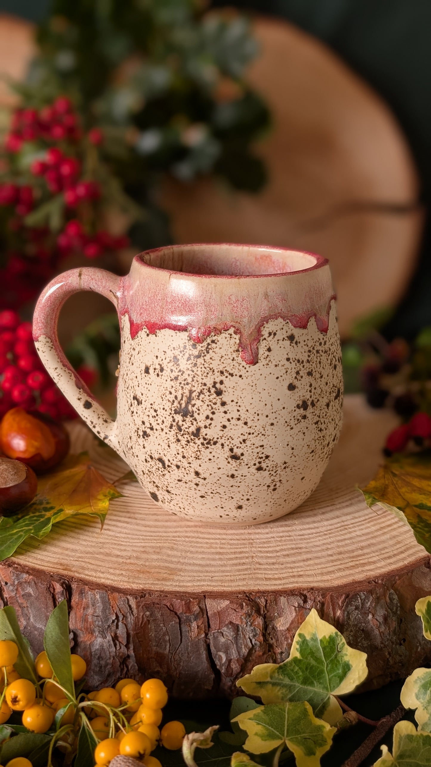 Mouse and Flowers Mug – Handmade Unique Mug with Pink Drippy Glaze 16