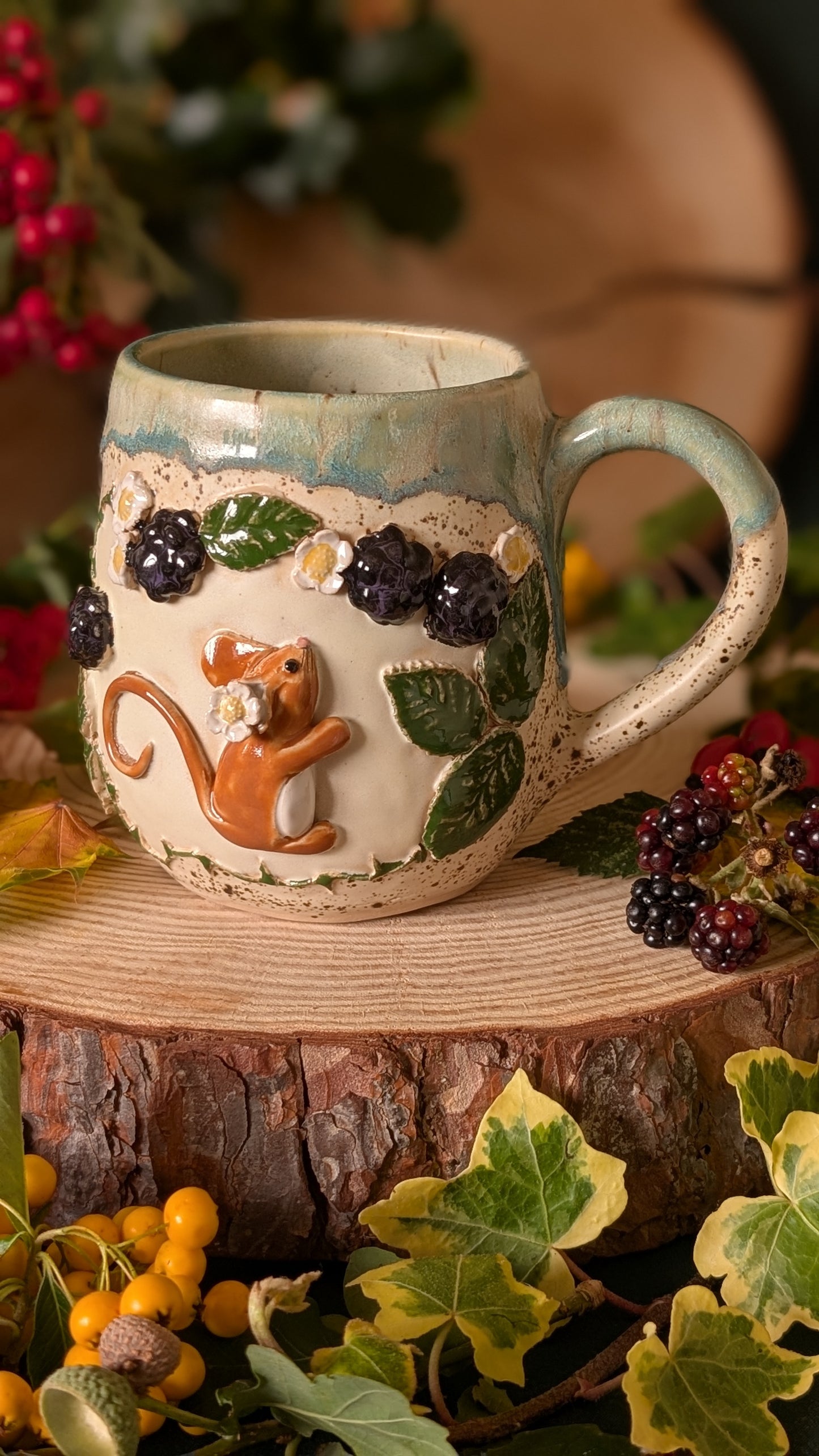 Mouse and Blackberry Mug – Handmade Unique Mug with Light Blue Drippy Glaze 1