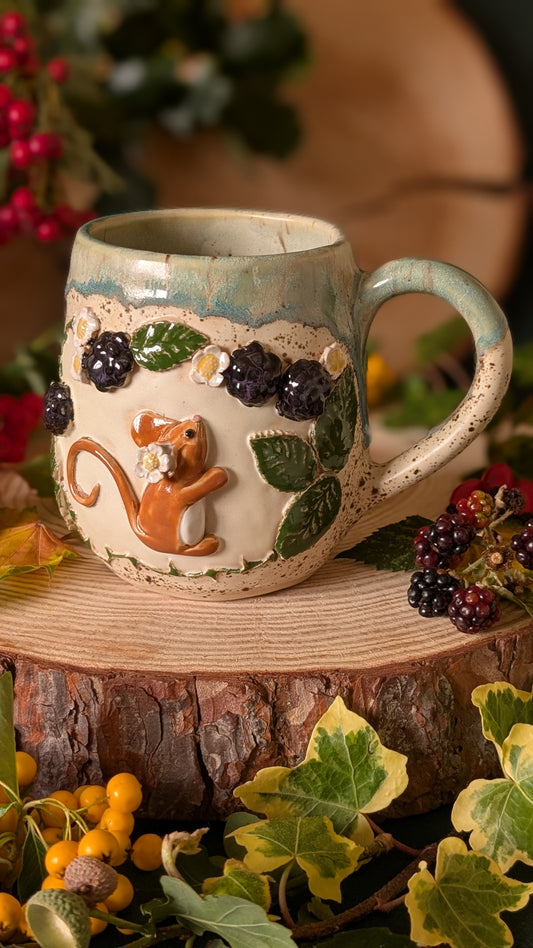 Mouse and Blackberry Mug – Handmade Unique Mug with Light Blue Drippy Glaze 1