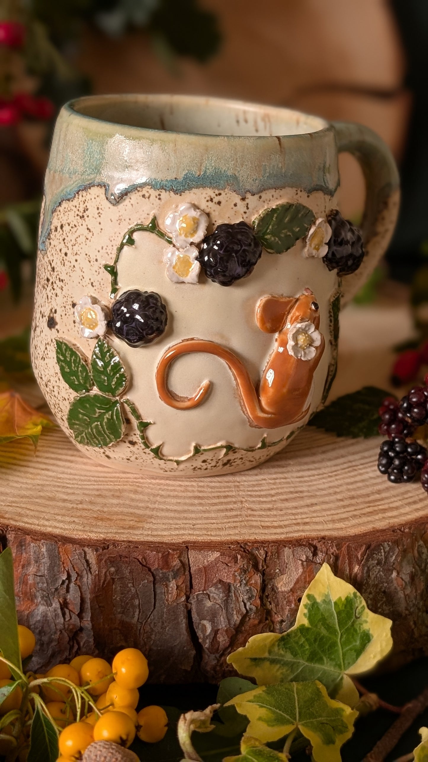 Mouse and Blackberry Mug – Handmade Unique Mug with Light Blue Drippy Glaze 1