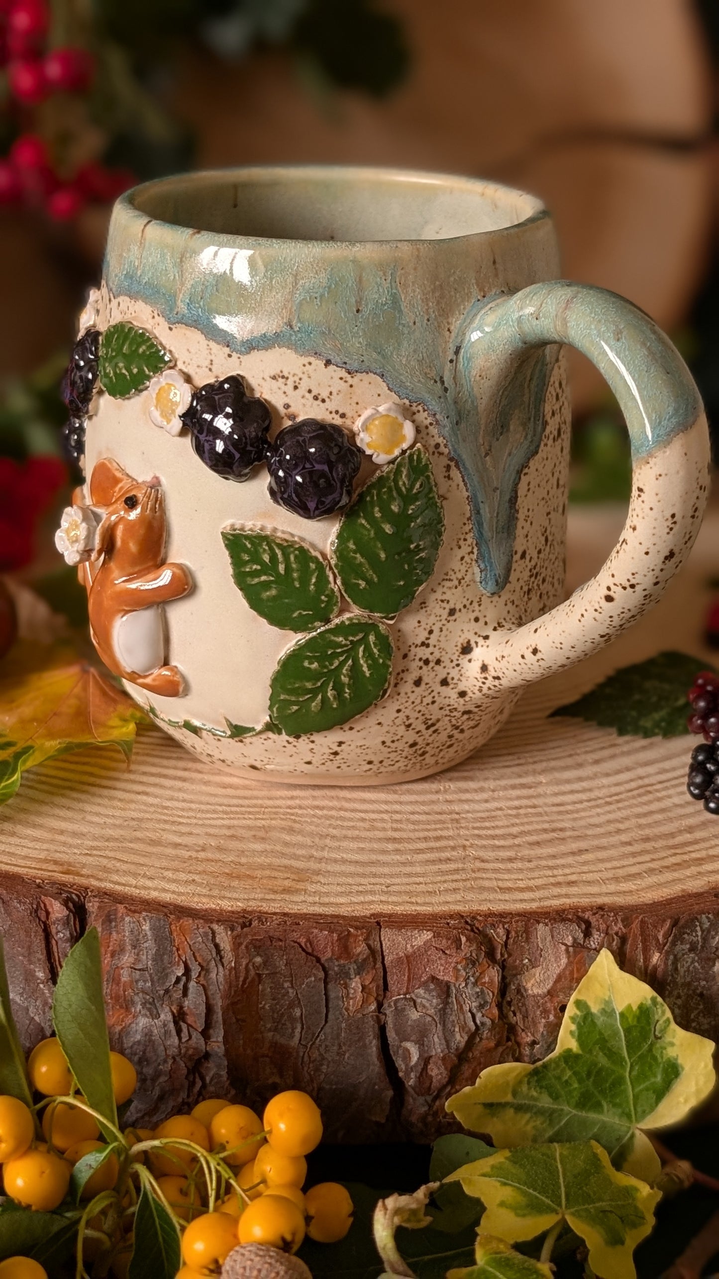 Mouse and Blackberry Mug – Handmade Unique Mug with Light Blue Drippy Glaze 1