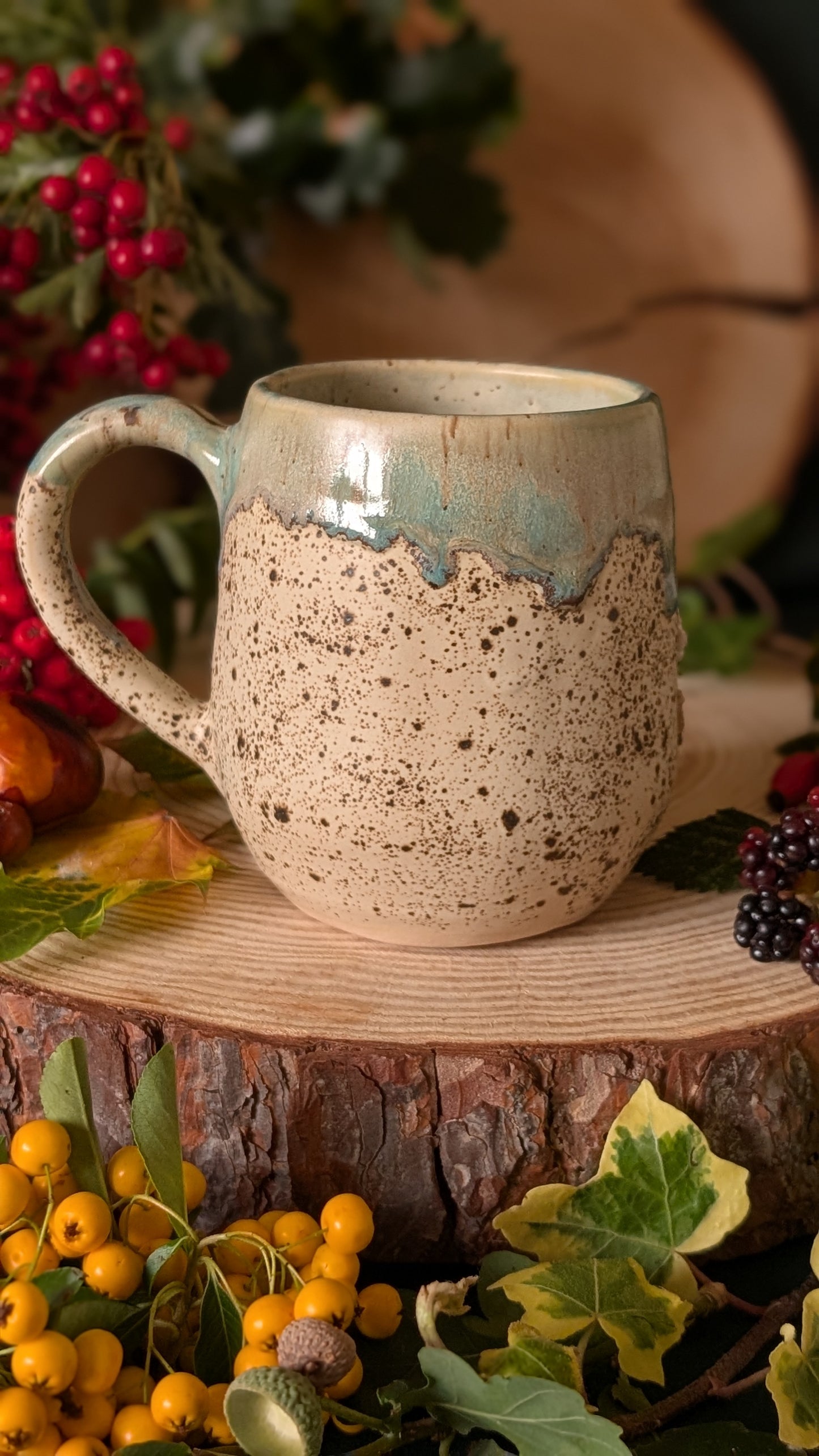 Mouse and Blackberry Mug – Handmade Unique Mug with Light Blue Drippy Glaze 1